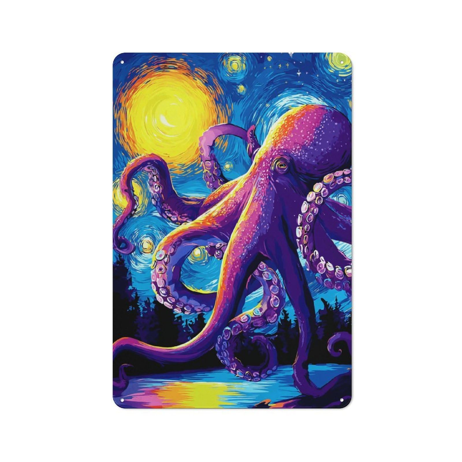 Junmoney Vibrant Octopus In Starry Night Sky Metal Wall Sign With Design 30X20cm, Loft Style Studio Wall Art For Flat, Bar, Studio Or Gallery Wall