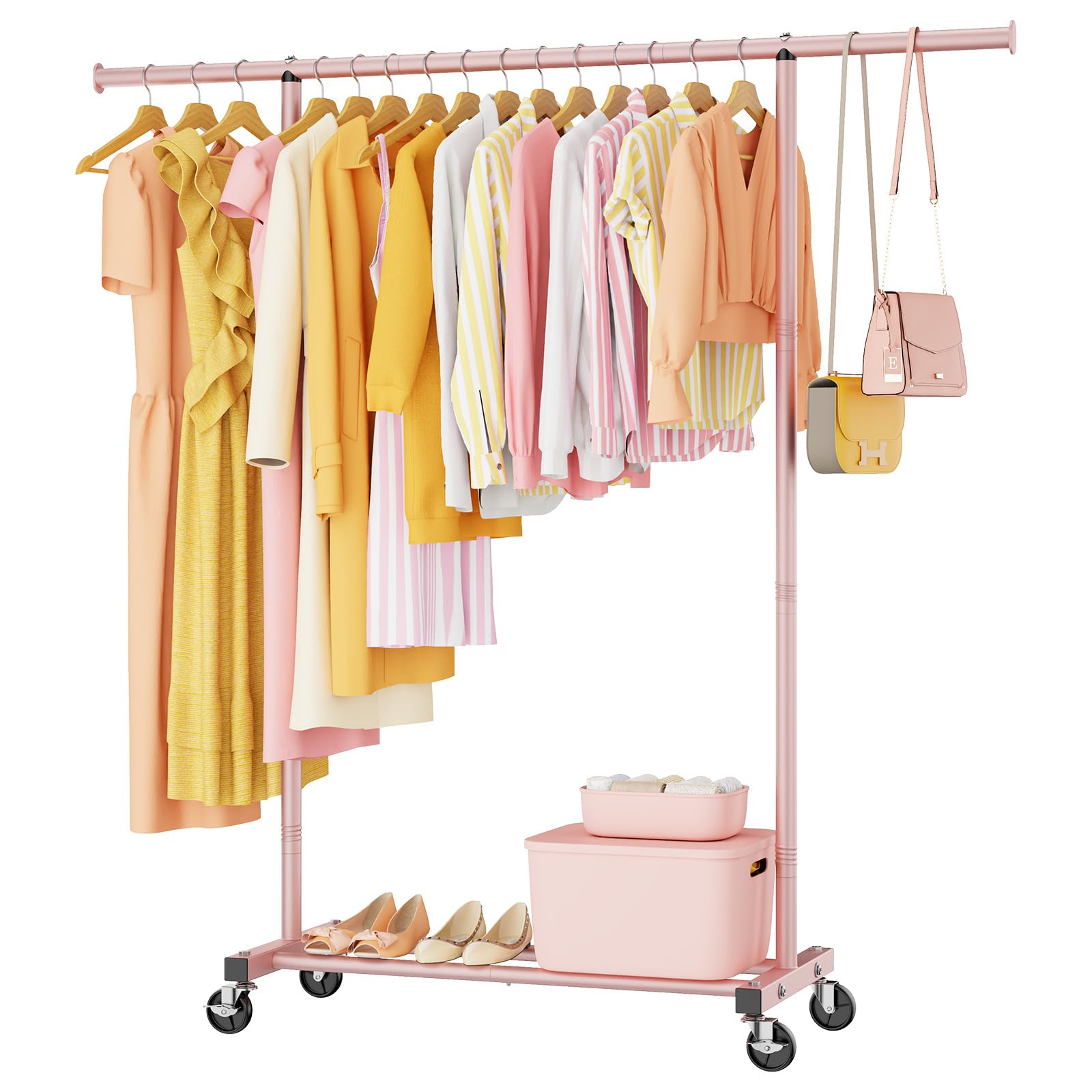 Clothes Clothing Garment Rack with Wheels,46.5" L Portable Rolling Clothing Racks for Hanging Clothes, Sturdy Closet Wardrobe Rack Clothes Storage Organizer Hanger for Coats, Shirts, Dress,Pink