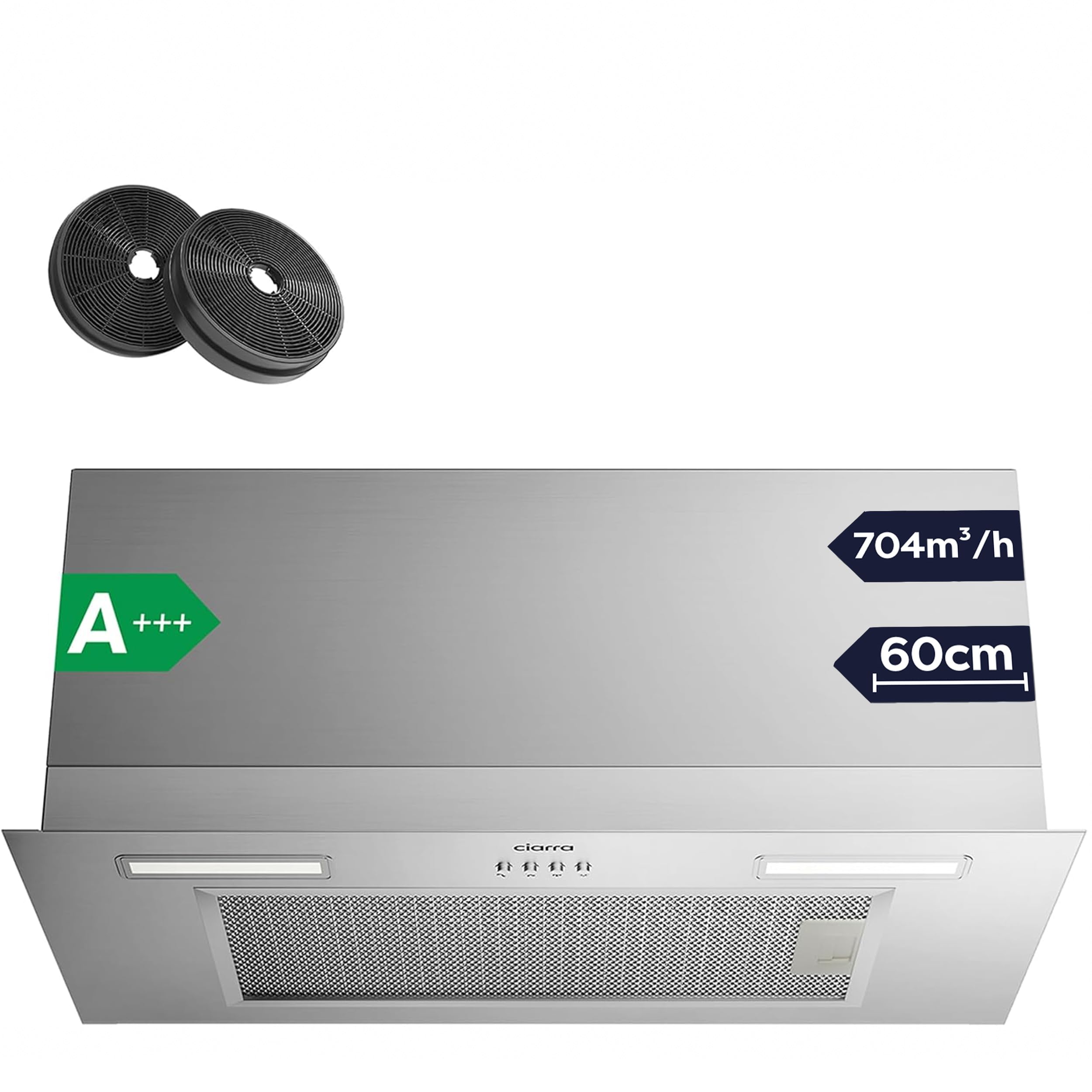 CIARRA CBCS6926A A+++ Einbau Dunstabzugshaube 60cm breit Luftstrom 704m³/h | Integrierte Einbauhaube nachtlos in Oberschränke Warme LED-Beleuchtung Ablufthaube Umluft mit CBCF003 Aktivkohlefilter