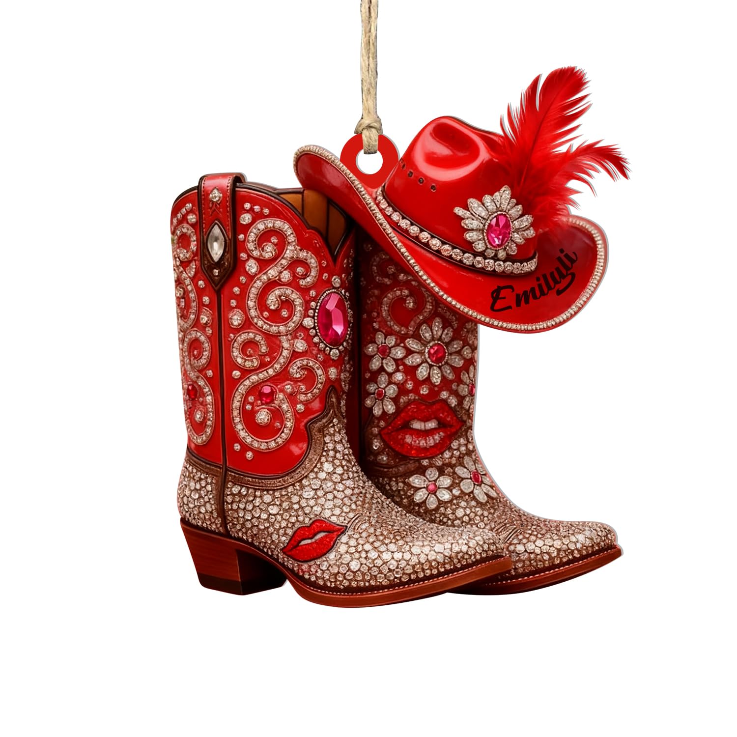 Personalized 2D Flat Cowgirl Boots and Hat Christmas Ornament,Custom Western Cowgirl Boot Hat Hanging Ornaments for Christmas Trees,Xmas Western Gift for Cowgirl