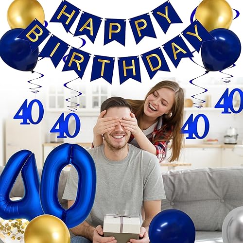 Miniatura 4 de Decoraciones de fiesta de cumpleaños número 40 azul y dorado para él y ella, pancarta de feliz cumpleaños, globo de aluminio con el número 40,