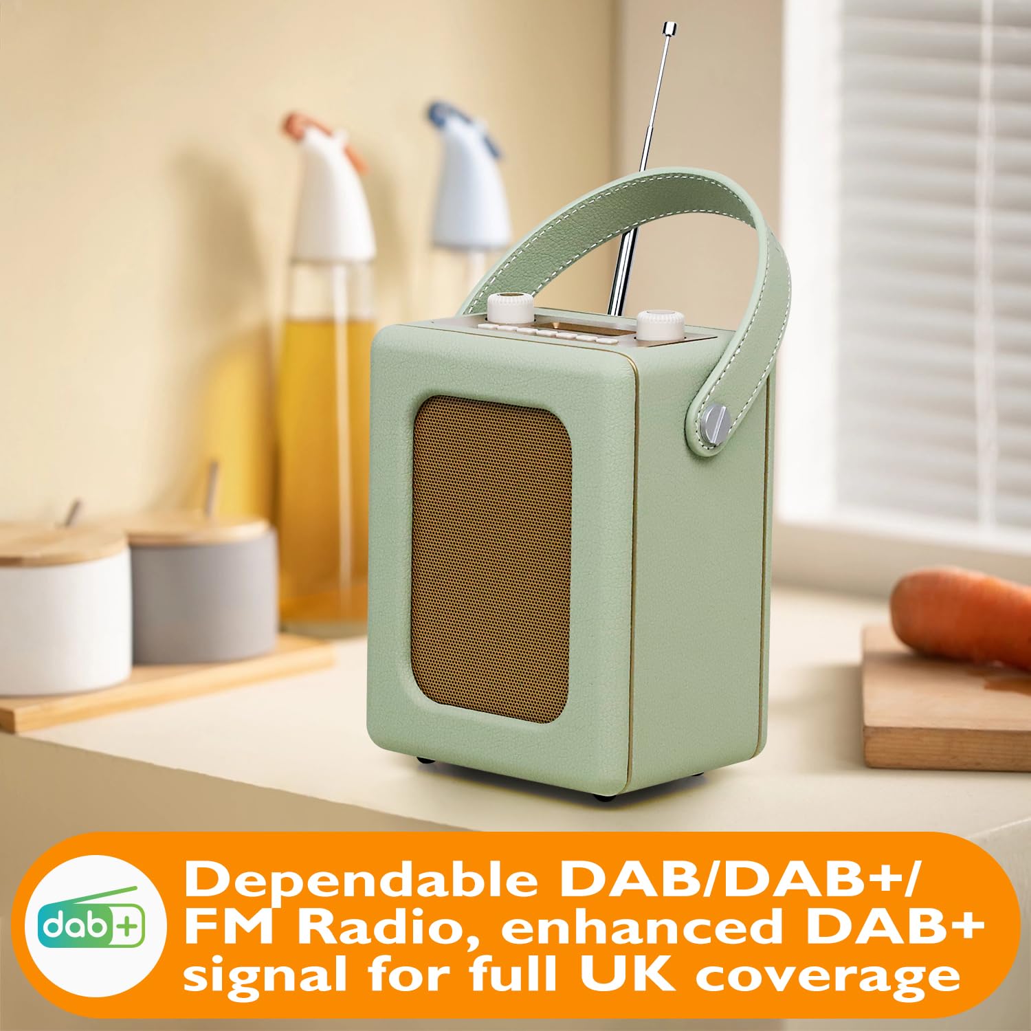 LEMEGA CR9 Tragbares Retro DAB Radio（DAB+, UKW,Bluetooth5.3, 60 Voreinstellungen,Wecker, 2 Weckzeiten, Sleeptimer,Kopfhöreranschluss,Holzetui, Lederoberfläche, Tragegriff）Digitalradio,küchenradio,Grün
