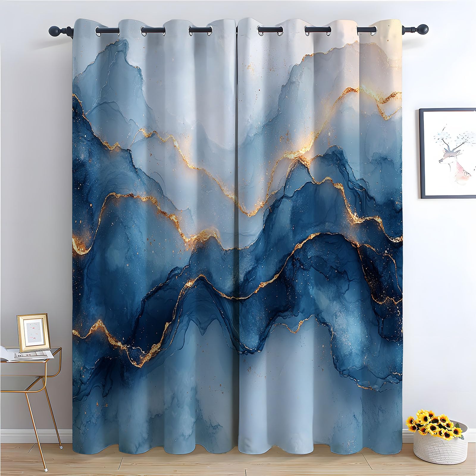 WQBQKKX Green Blackout Curtains for Bedroom Ink Painting Eyelet Curtain for Living Room Nursary Thermal Insulated Window-52 W x 84" L (Pack of 2)