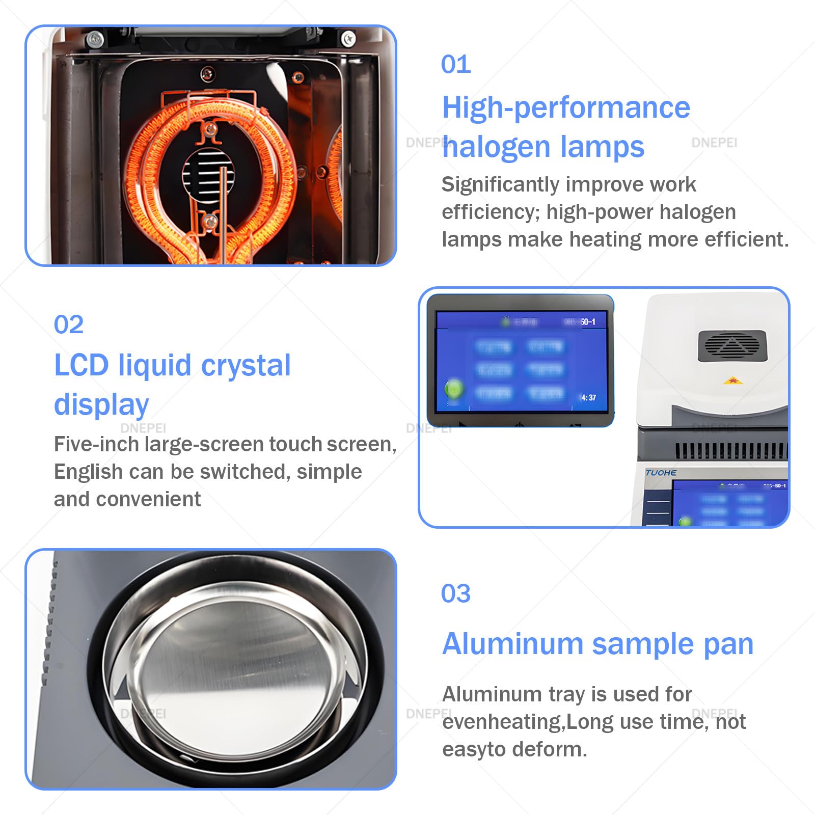 Analizador de Humedad de Laboratorio, balanza Digital de precisión con Pantalla táctil y Calentamiento halógeno de 50 g x 0,005 g, 2 Modos RS232, para Alimentos, Polvos, Hierbas, tés y Carne