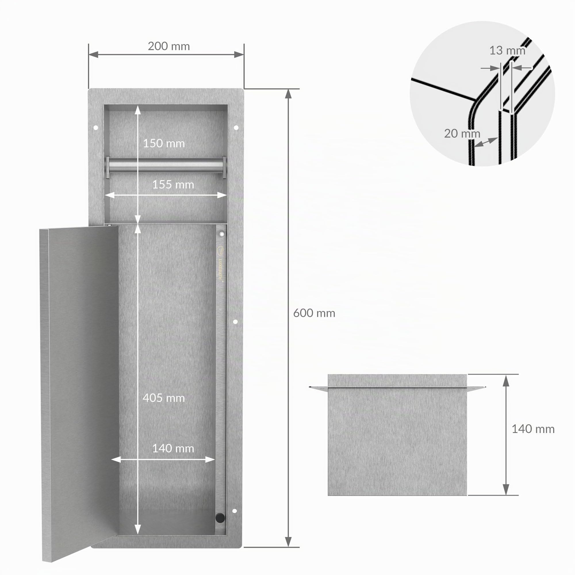 LuxeBath Unterputz-Schrankmodul aus Edelstahl für die Klobürstengarnitur, Silber, 60x20x14 cm, Badezimmerschrank mit Toilettenpapierhalter, Einbauschrank mit Toilettenbürste, WC Wandnische befliesbar