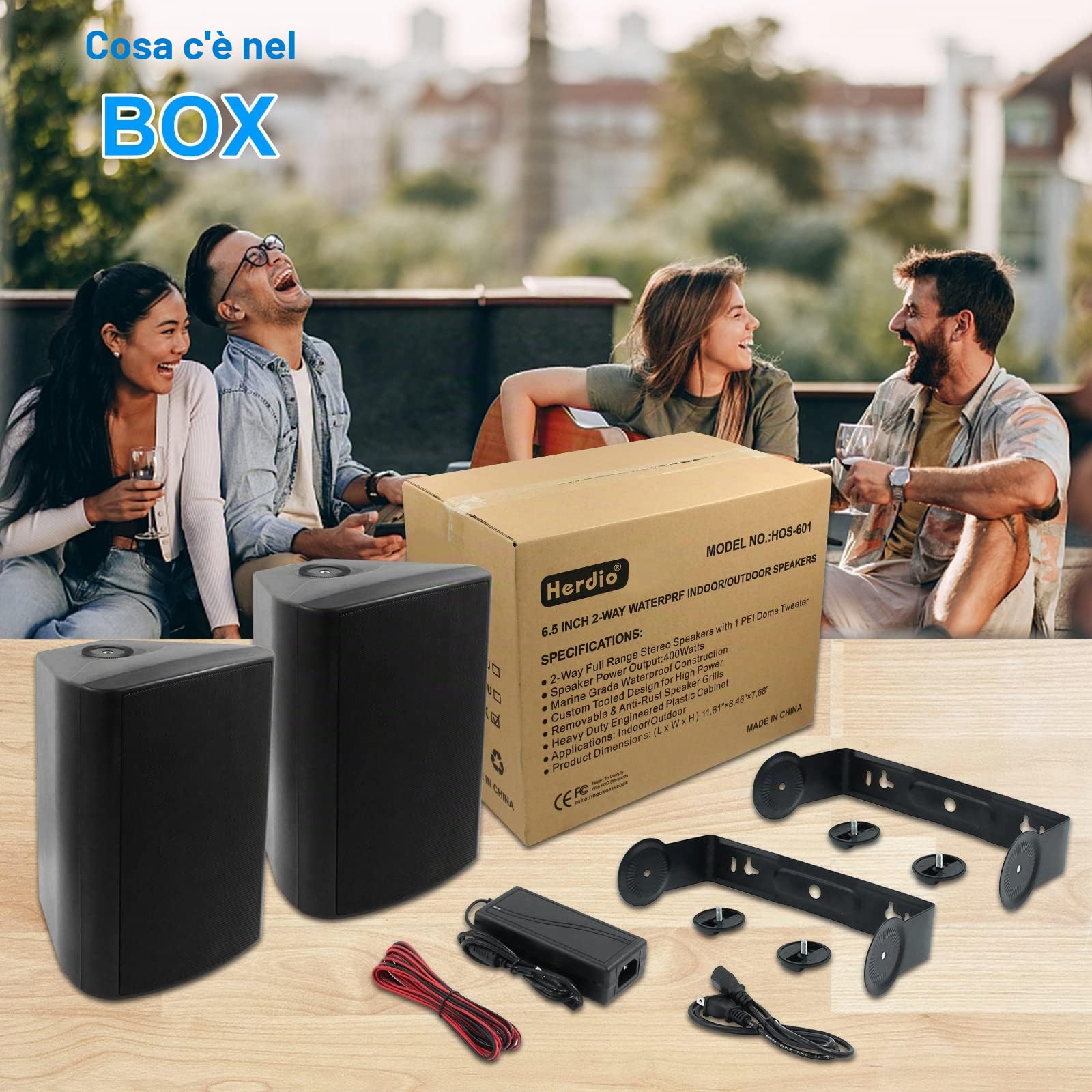 Herdio Altoparlanti da esterno impermeabile 400W Bluetooth 6.5'' diffusori con montaggio a parete, Nero