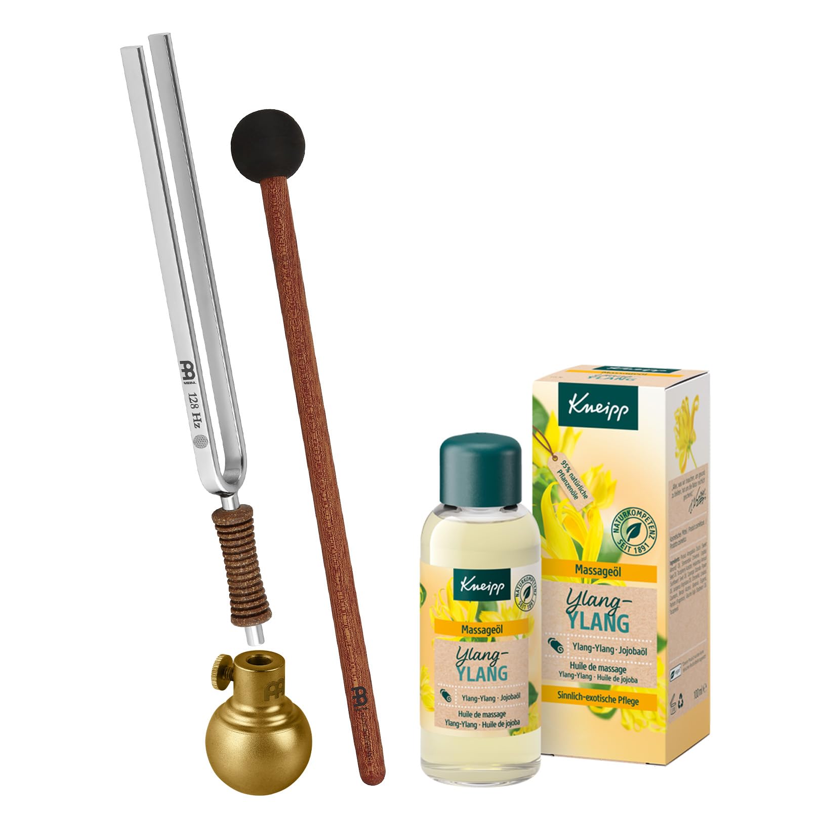 Sonic Energy Stimmgabel Massage Bundle, Blume des Lebens (TF-OIL-BUNDLE) | 128 Hz, Ton C3, 21 cm lang, 86 g, in Deutschland gefertigt, inkl. Hülle, Stimmgabel-Kugel, Schlägel und Massageöl