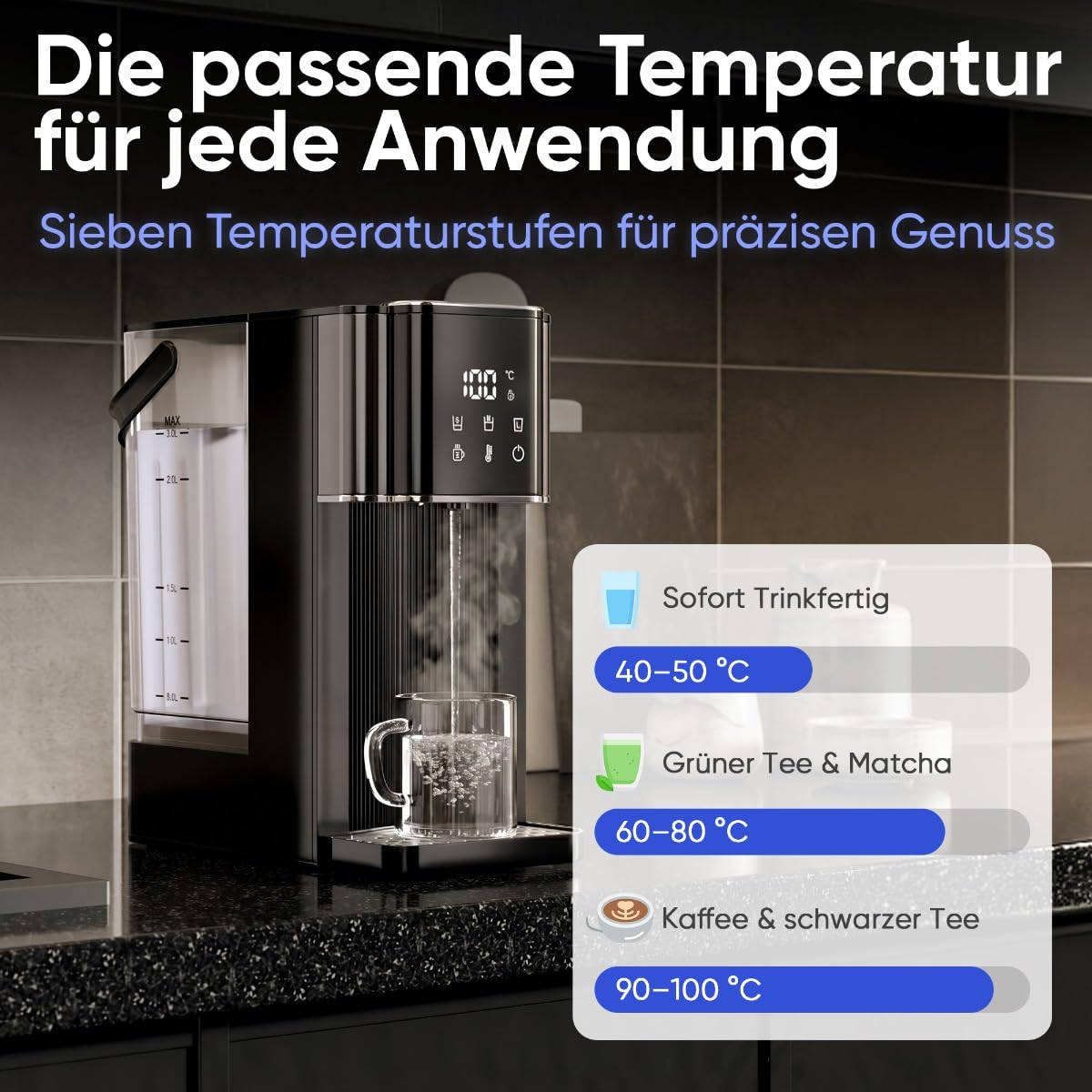 ProfiCook® Heißwasserspender | 100°C in 3 Sek. | 7 Temperaturstufen | Babynahrung geeignet | 40-100 °C | Teekocher mit Temperatureinstellung | 3L Tank | Quick Select | Sensor Touch | PC-HWS 1320
