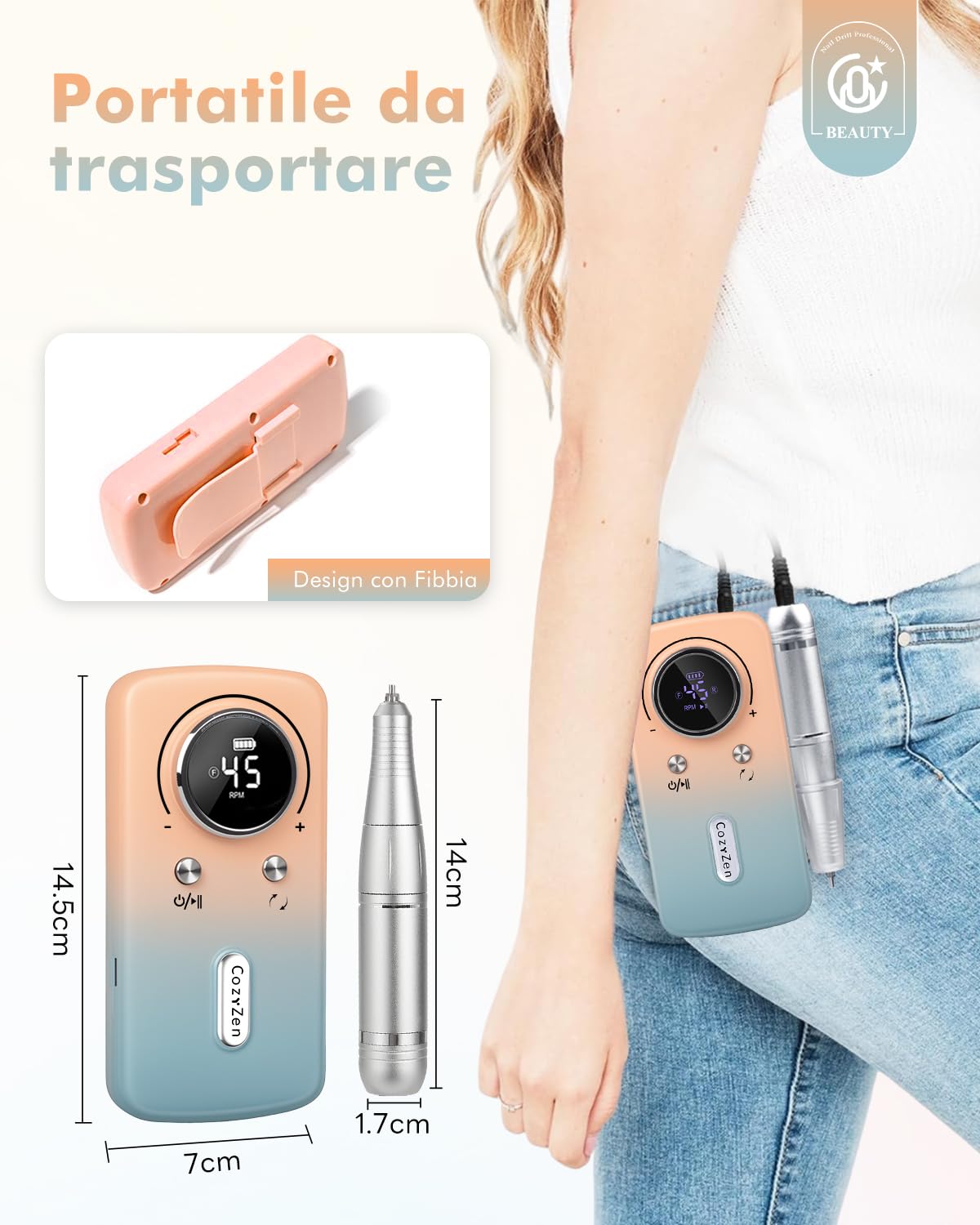 CozyZen Trapano per unghie senza fili professionale: 45000 giri/min, kit di lima elettrica ricaricabile per unghie, portatile e a basso rumore, per unghie acriliche, gel, manicure e pedicure, salone e