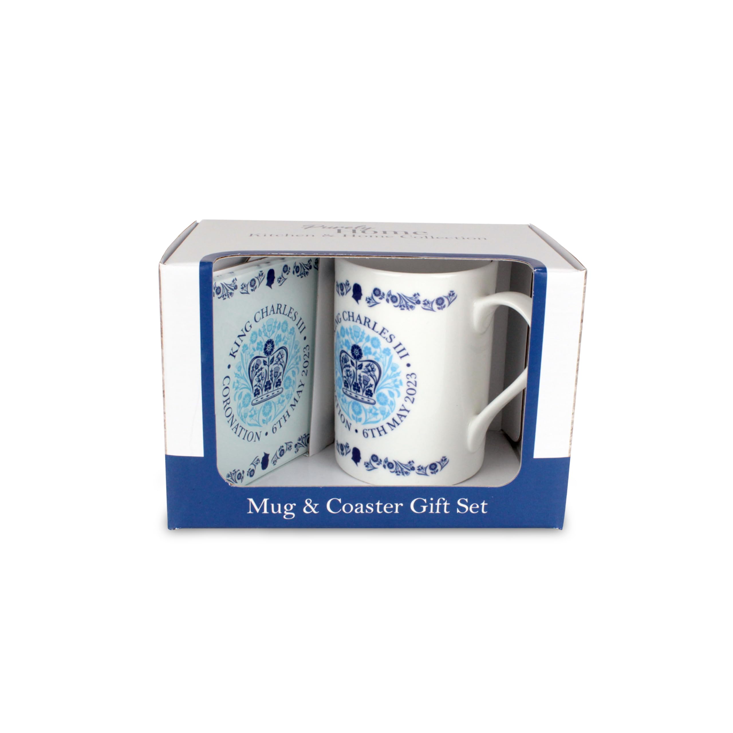 Purely Home Coronation Mug & Coaster Gift Set King Charles III Royal Merchandise - Bone China Commemorative Mug/Coaster Blue Official Emblem Coffee/Tea Collectable Memorabilia Gift