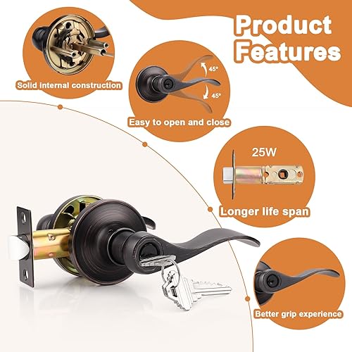 Miniatura 4 de Probrico - Paquete de 2 manijas de entrada de bronce aceitado, cerraduras de puerta con llave, una misma llave para todas las cerraduras, estilo