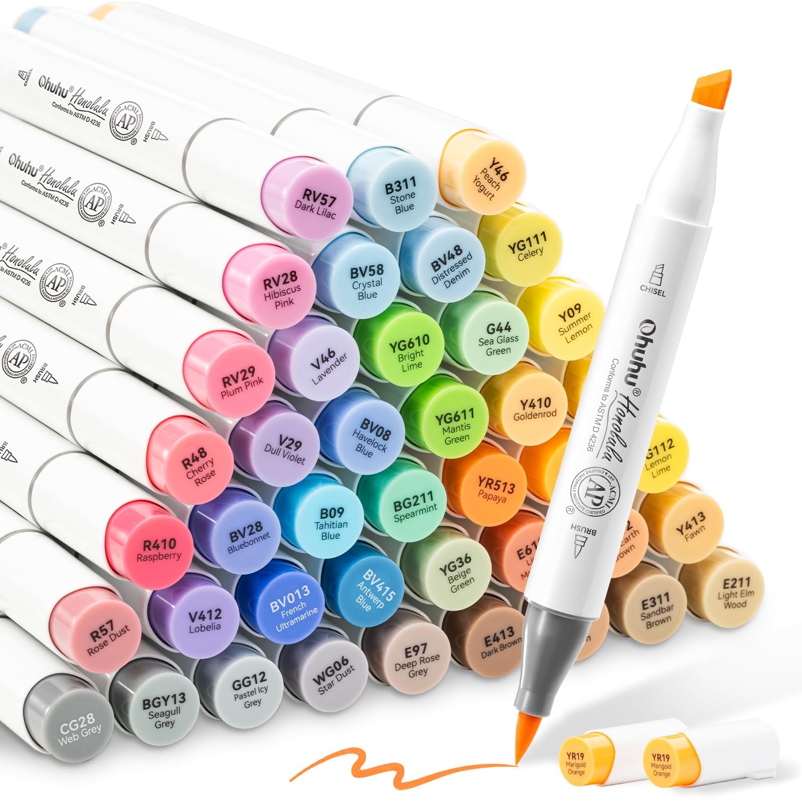 Alcohol Brush Markers 48 Mid-tone Colors- Double Tipped Alcohol Based Art Marker Set for Artists Adults Coloring Sketch Illustration- Brush & Chisel Dual Tips- Honolulu- Refillable