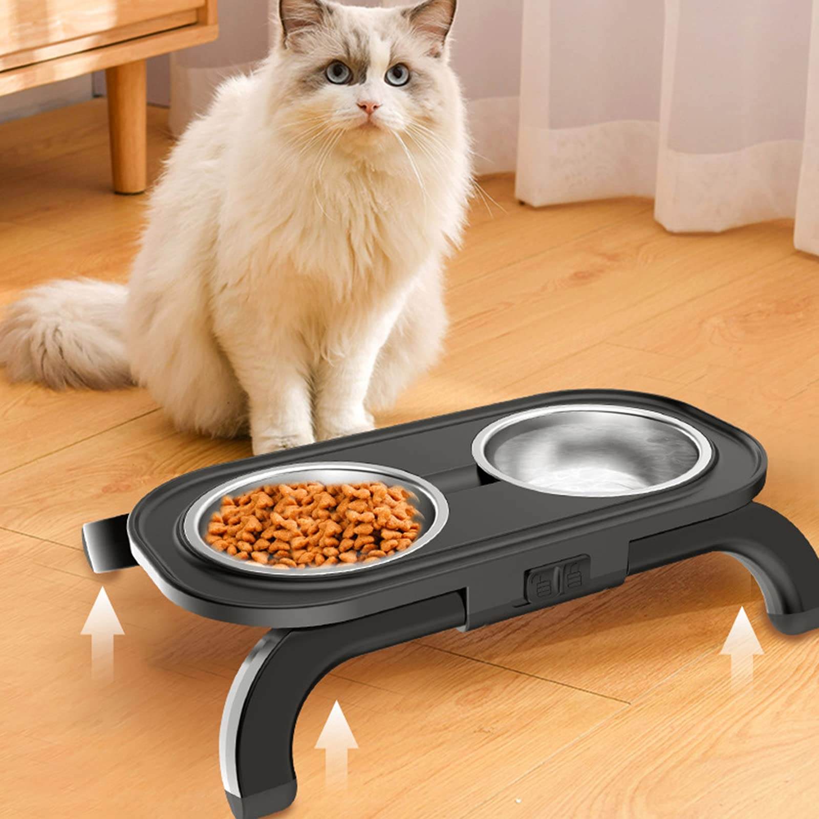 Comedero Para Gatos Perros Elevados,Alturas Ajustables,Comedero Y Bebedero Para Mascotas Con Extraíbles Doble Del Acero Inoxidable Cuencos De Agua Para Golosinas Para Cachorros Gatos Perros ,Gris