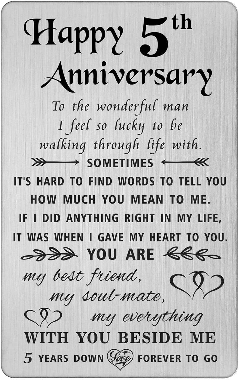 TANWIH 5 Year Anniversary Card Gifts for Him Men, 5th Anniversary Card Gifts for Him Boyfriend, 5th Year Wedding Gift for Husband, Engraved Metal Wallet Insert