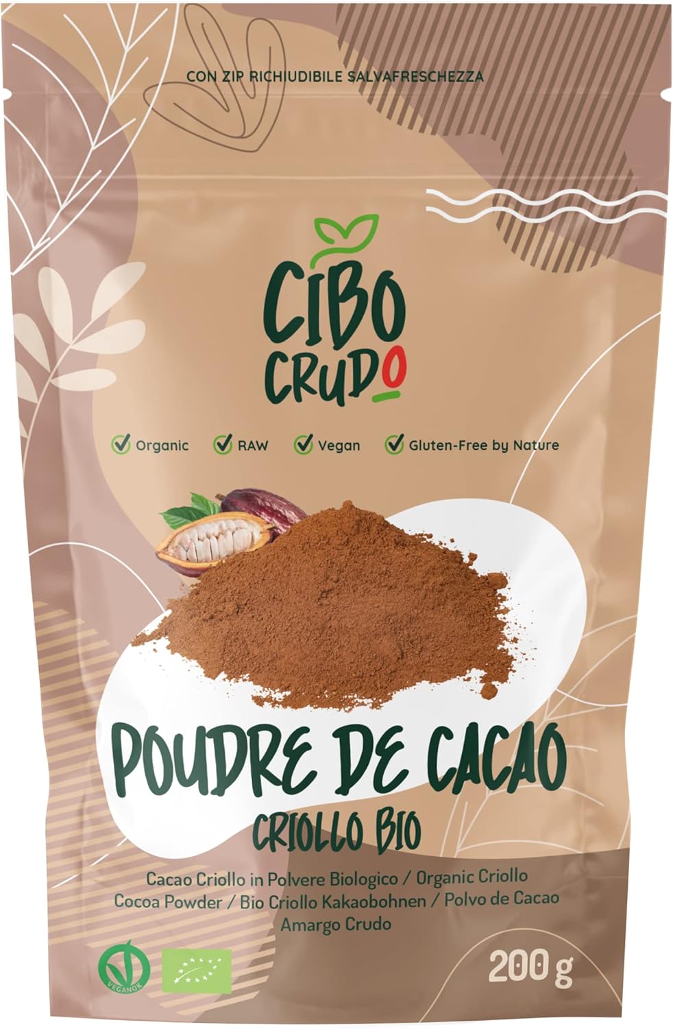 Cacao en Poudre non Sucré Bio 200g. Cacao Cru Amer Sans Sucre de Agriculture Biologique. Cocoa