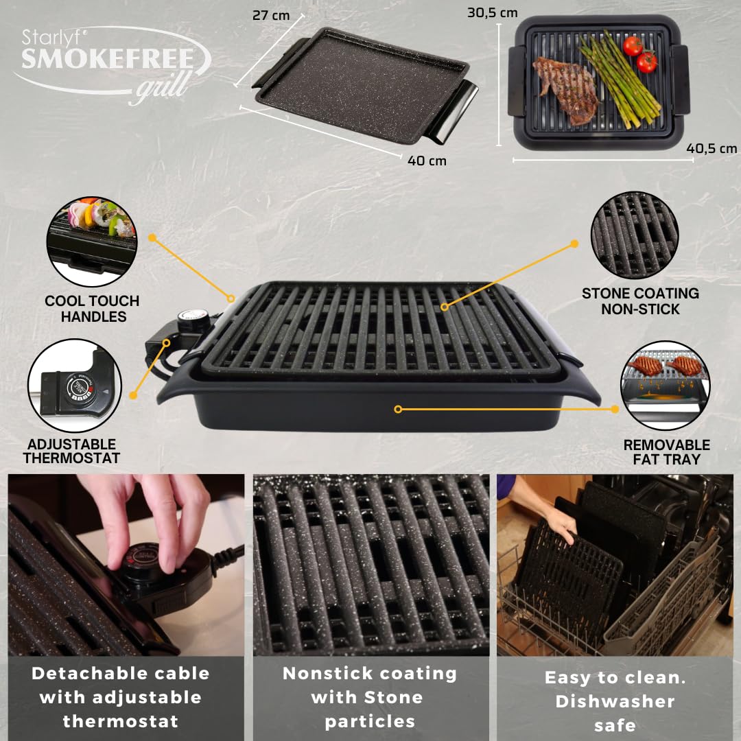 STARLYF Barbacoa eléctrica Smokefree Grill + Plancha - Barbacoa Eléctrica de 1250W, Parrilla Eléctrica Interior sin Humos ni Olores, Superficie Antiadherente y Cocción Uniforme, Color Negro