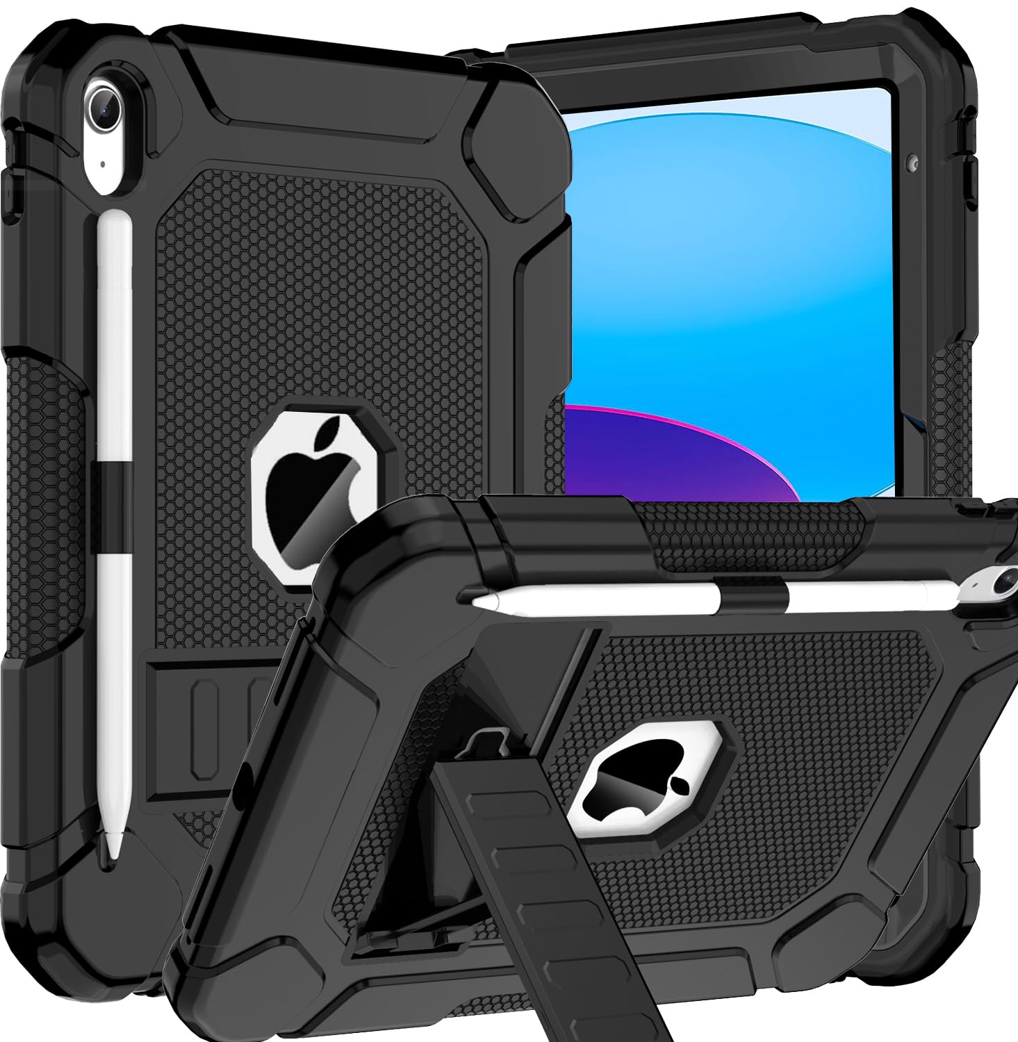 BMOUO for iPad A16 11th/10th Generation Case (11"/10.9”, 2025/2022), Black | iPad 11th 10th Gen Case with Kickstand & Pencil Holder, Heavy Duty Shockproof Protective iPad A16 Case