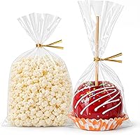 Vista 14 de Wowfit 100 bolsas de celofán plano transparente de 5 x 7 pulgadas con lazos dorados de 4 pulgadas, embalaje de celofán para donas, galletas, dulces