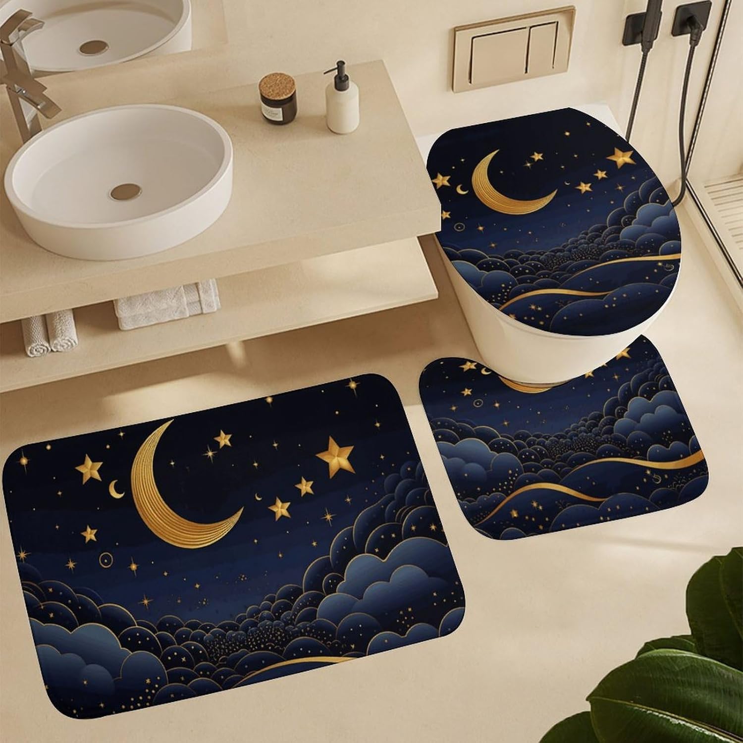 There are Stars and Moon on It Shower Curtain Set 4 Piece, Non-Slip Bath Mat with Toilet Lid Cover and Waterproof Shower Curtain with 12 Hooks, Complete Bathroom Set for Home Decor
