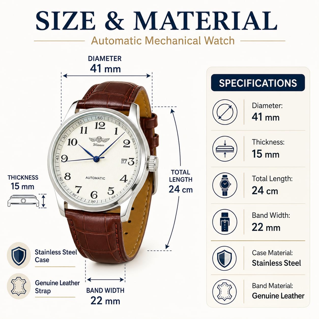 MASTOP Men's Classic Automatic Mechanical Day Calendar Luxury Leather Band Watch