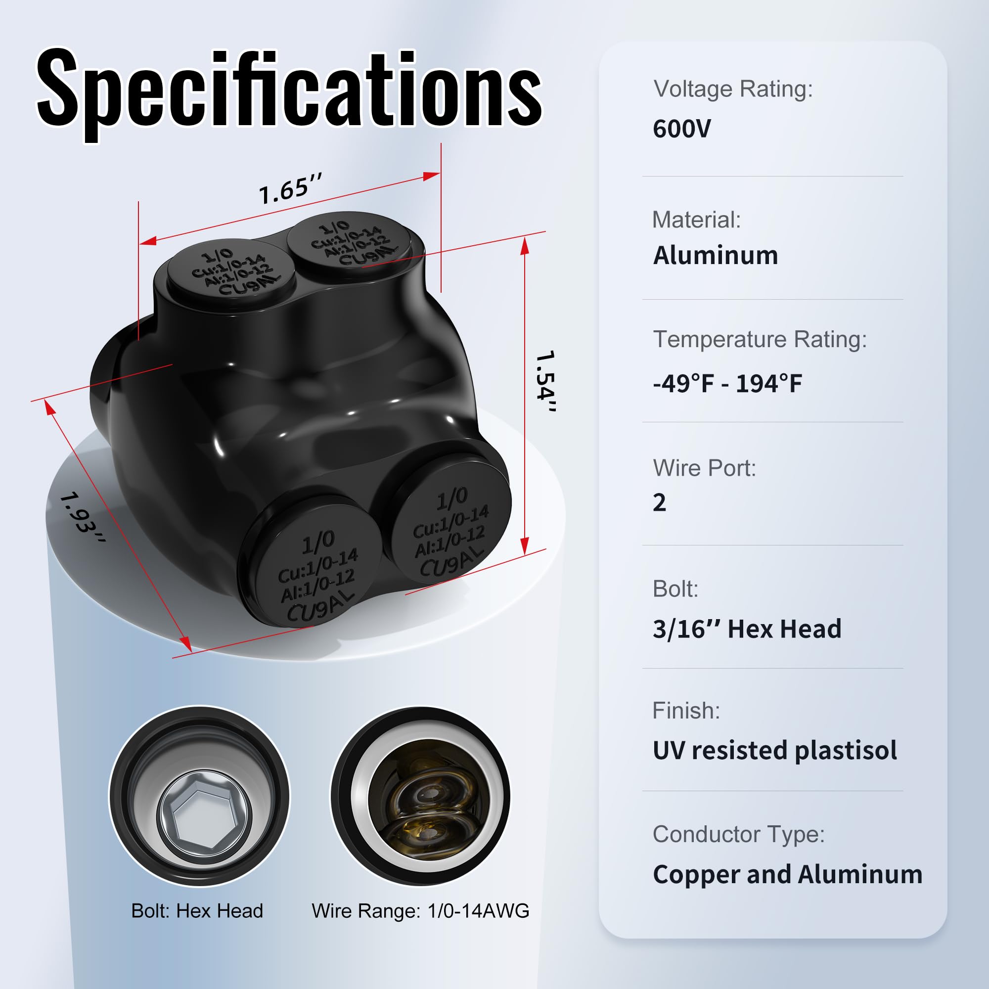 RVBOATPAT Lot de 6 connecteurs multi-robinets isolés à 2 ports 1/0-14 AWG, connecteur d'alimentation électrique à double entrée 3/16" Allen hexagonal en aluminium
