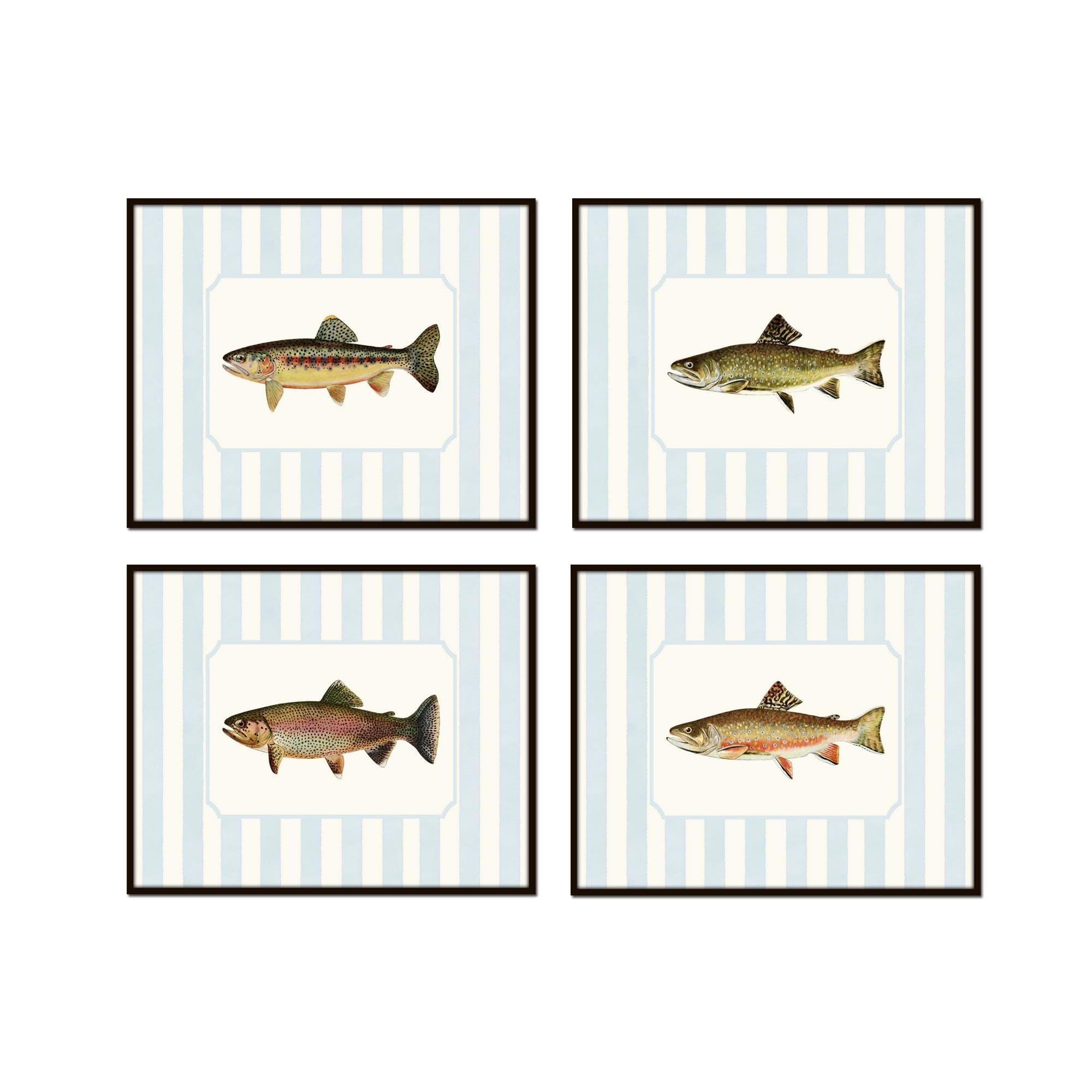 Belle Maison Art Trout Blue Stripe Set, Fish Prints, Chinoiserie, Grand Millenial, Cabin, Southern, Lake House Decor for Living Room, Dining Room