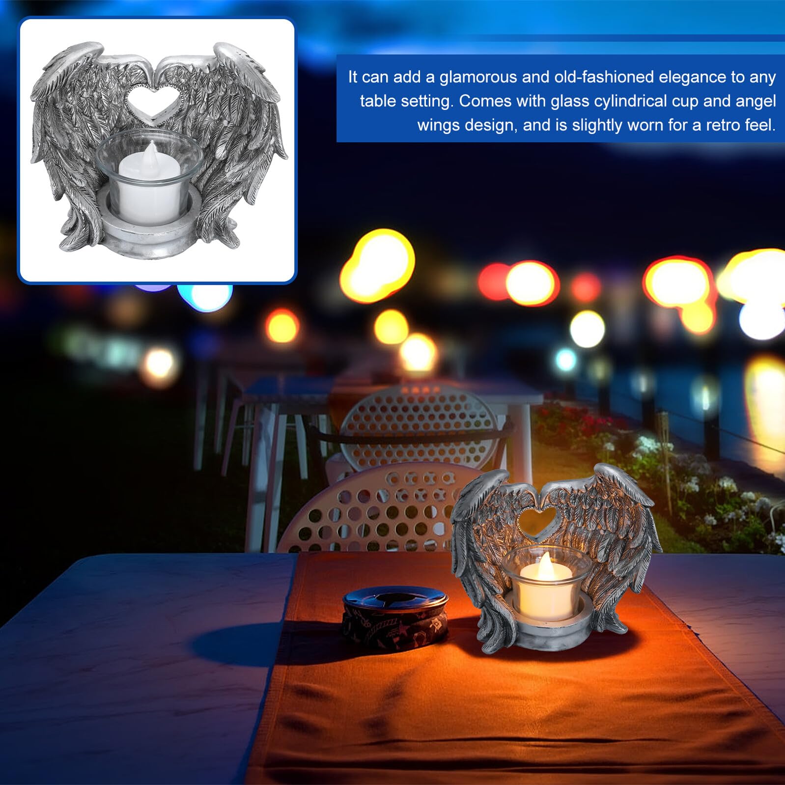 ERINGOGO Kerzenständer mit Engelsflügel Design aus Harz und Glas Flammenloser Dekorativer Kerzenhalter für Wohnzimmer und Jubiläum Retro Stil Eleganz