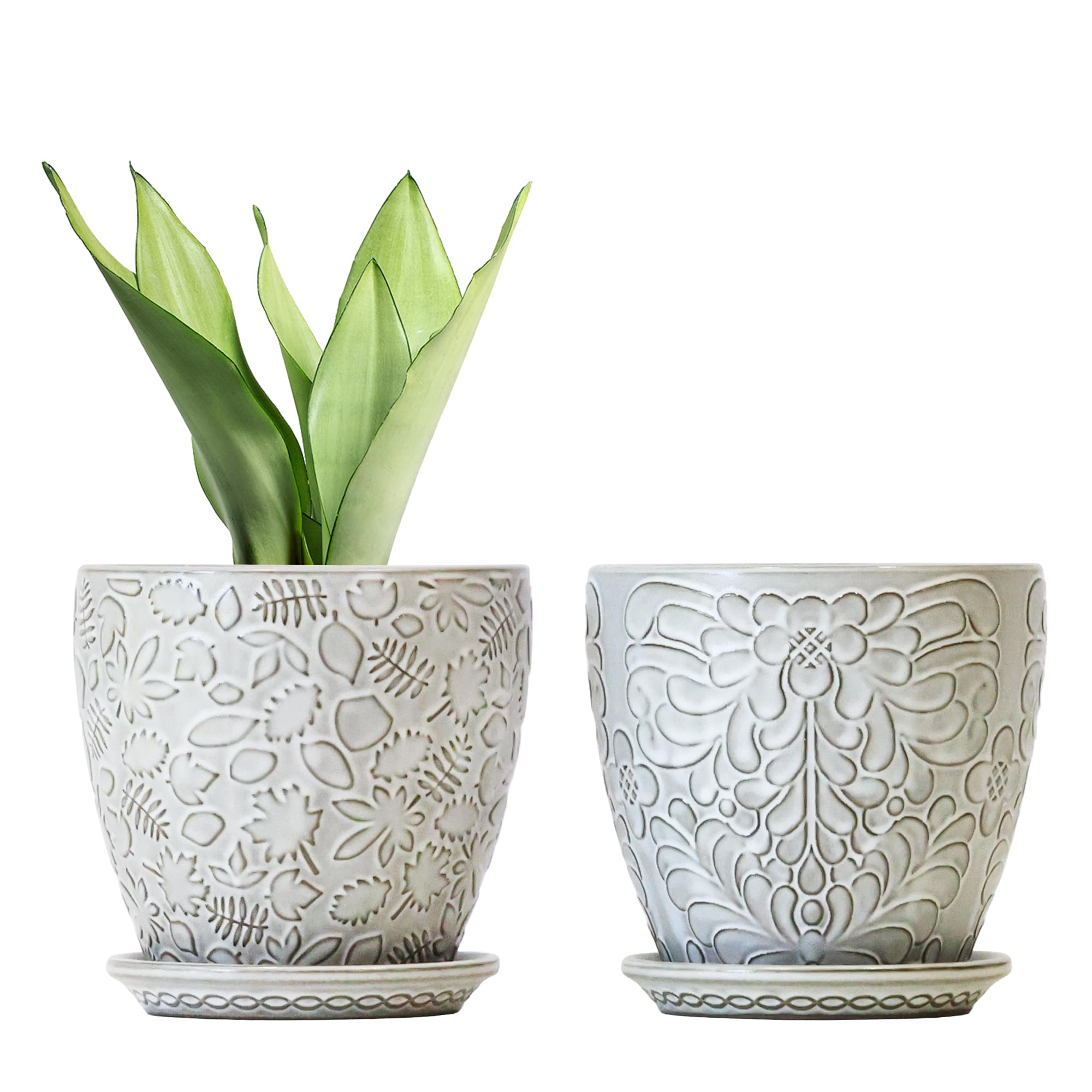 Bestseler 6 Inch Retro Ceramic Planter Set of 2 with Drainage Hole and Saucer for Plants, Indoor-Outdoor Garden Pots for Succulent, Orchid, and Flower (Fits Inner Pots Up to 5 Inches, Retro White)