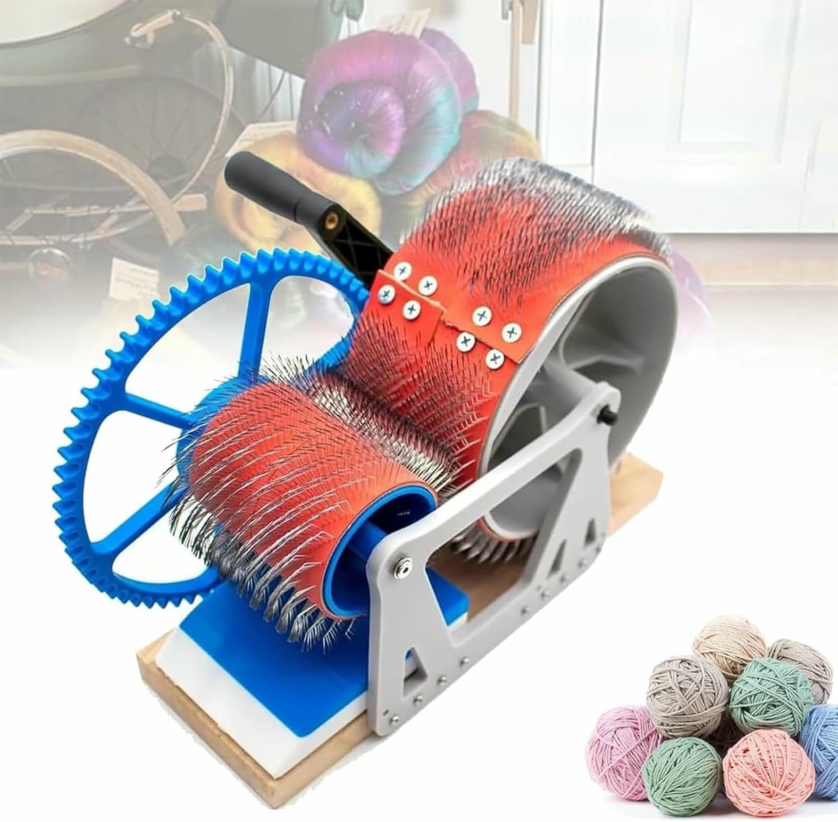 Aserzenith 1 Manual Wool Carding Machine, Hand Crank Drum Carder, Fiber Blending Tool For Spinning, Remove Impurities, Color Mixing Comb
