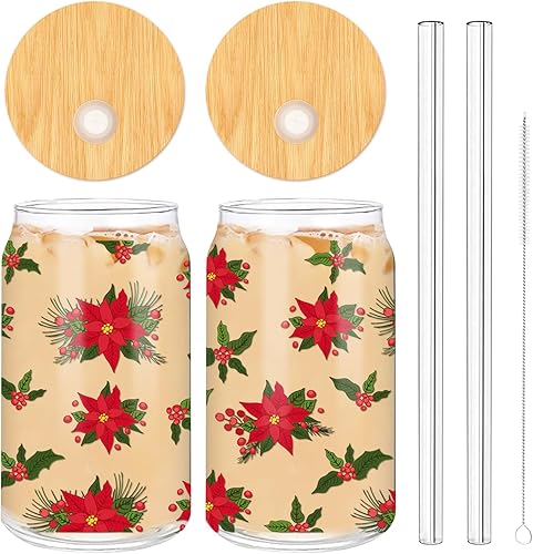 Whaline 2 vasos de cristal de Navidad de 16 onzas con tapas de bambú y pajita, lata de cerveza de flor de Navidad para cócteles, whisky, cerveza,