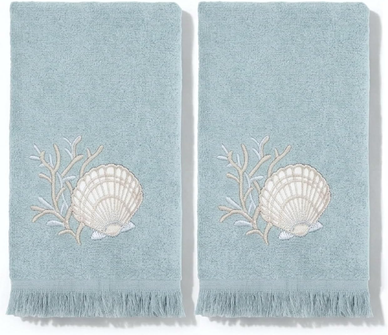 Avanti Linens – Fingertip Towel Set, 100% Cotton Velour Bathroom Towels with Embroidery & Absorbent Terry Reverse, Coastal Home Decor, Set of 2 (Sand Shells Collection)