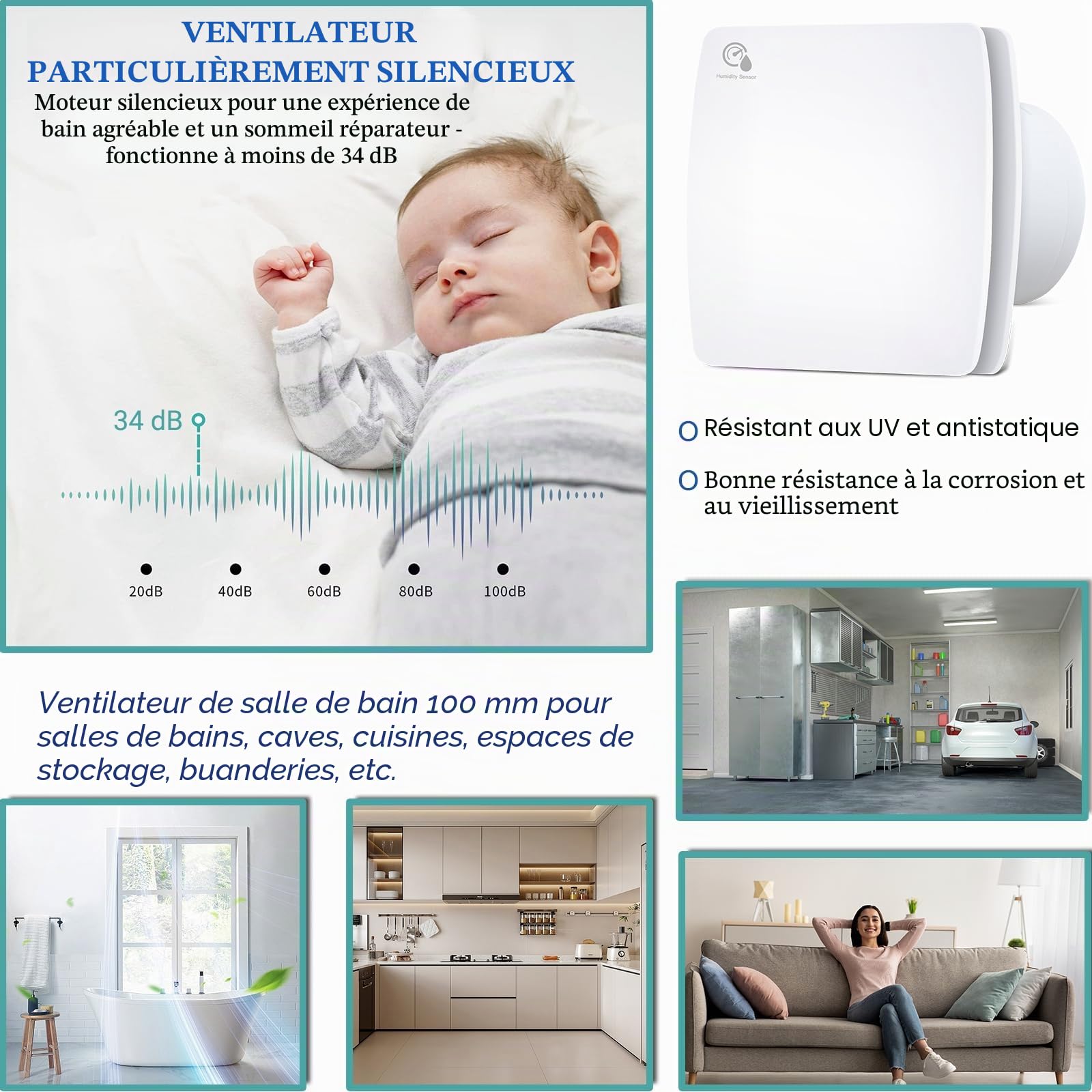 Extracteur dair 100mm, Ventilateur de Salle de Bain avec Capteur d'Humidité et Minuterie, Ventilateur d'Extraction Silencieux ≤34dB (Clapet Anti-Retour, Débit 95m³/h) pour bain, WC, cuisine
