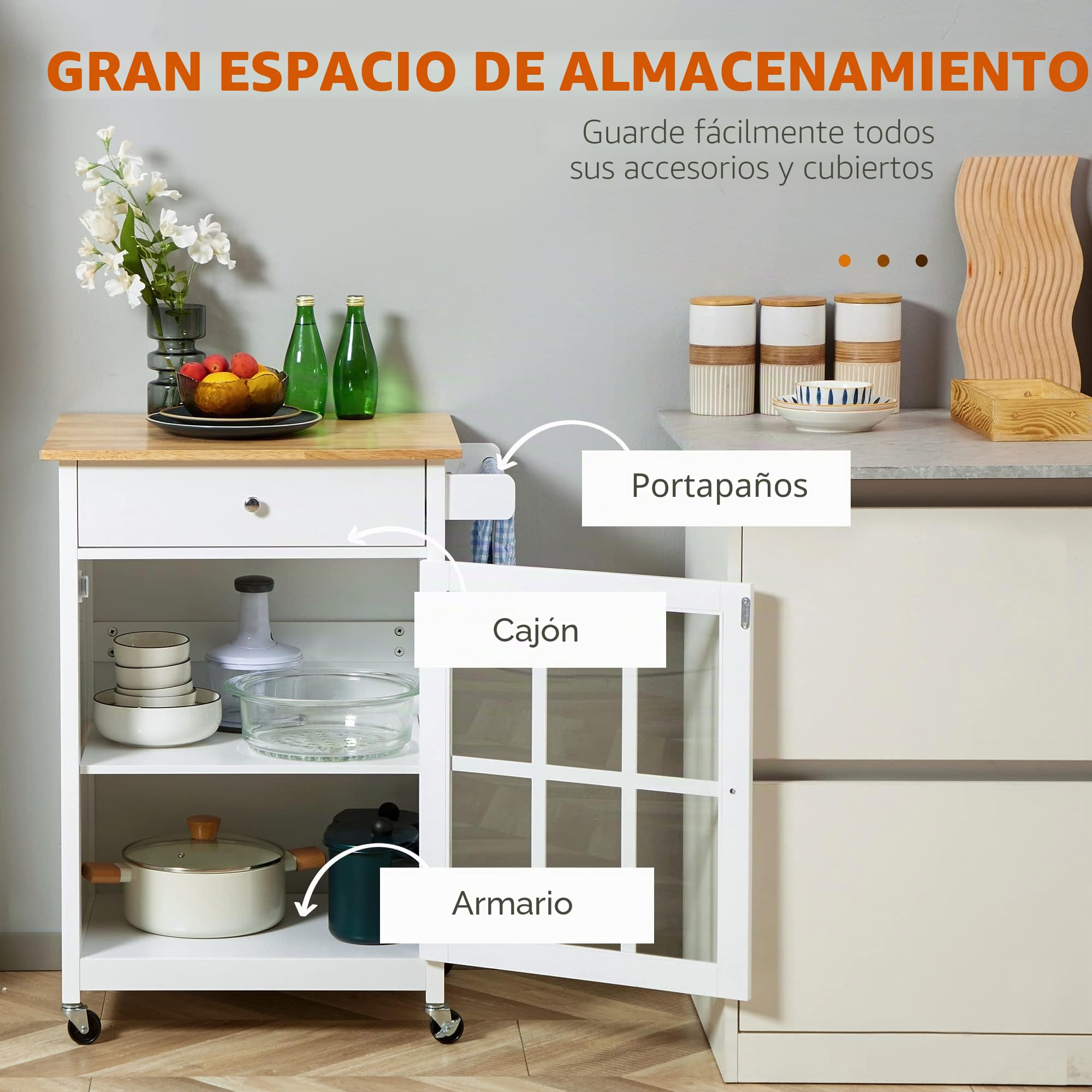 HOMCOM - Postre de Cocina con Ruedas, Armario de Color Blanco | Multi-almacenamiento, puerta de cristal con estante ajustable, cajón, portapaños