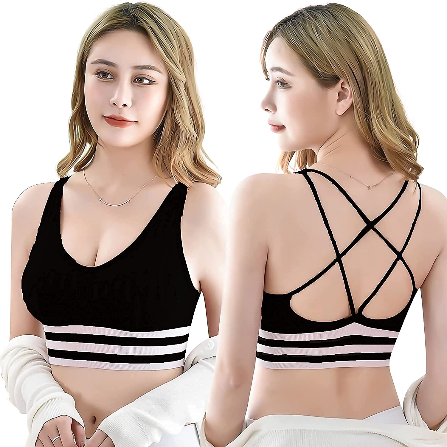Cross Back Sport Bras Padded Strappy Criss Cross Cropped Bras for Yoga Workout Fitness Low Impact Free Size (28 Till 34) Pack of 1 Black Color-image-29