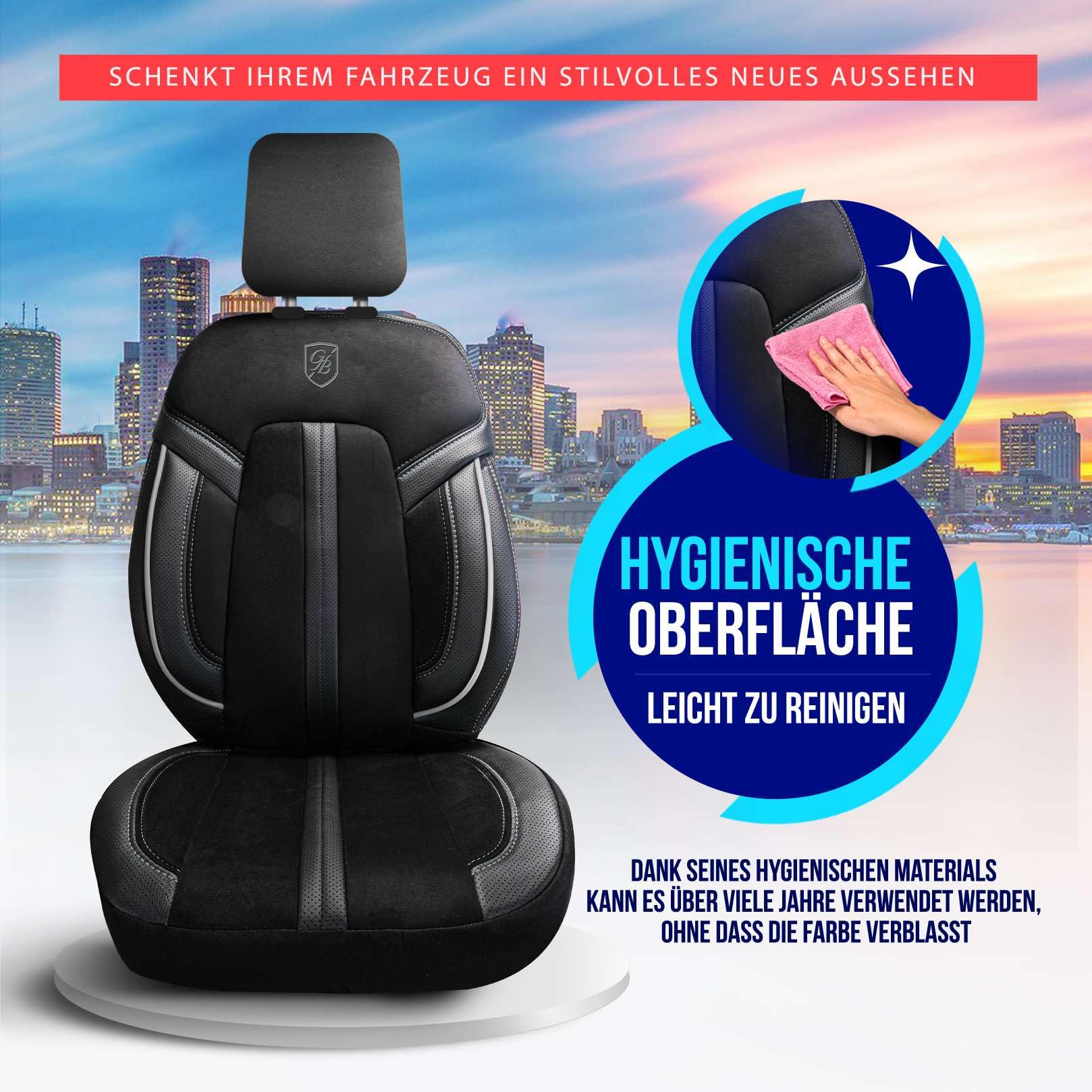 Autositzbezüge Universal für PKW & SUV – Premium Vordersitze Auto Sitzbezug aus Alcantara, Schwarz-Grau, Airbag-Kompatibel Sitzauflage, Autoschonbezug, Vordersitz-Set inkl. Montageset