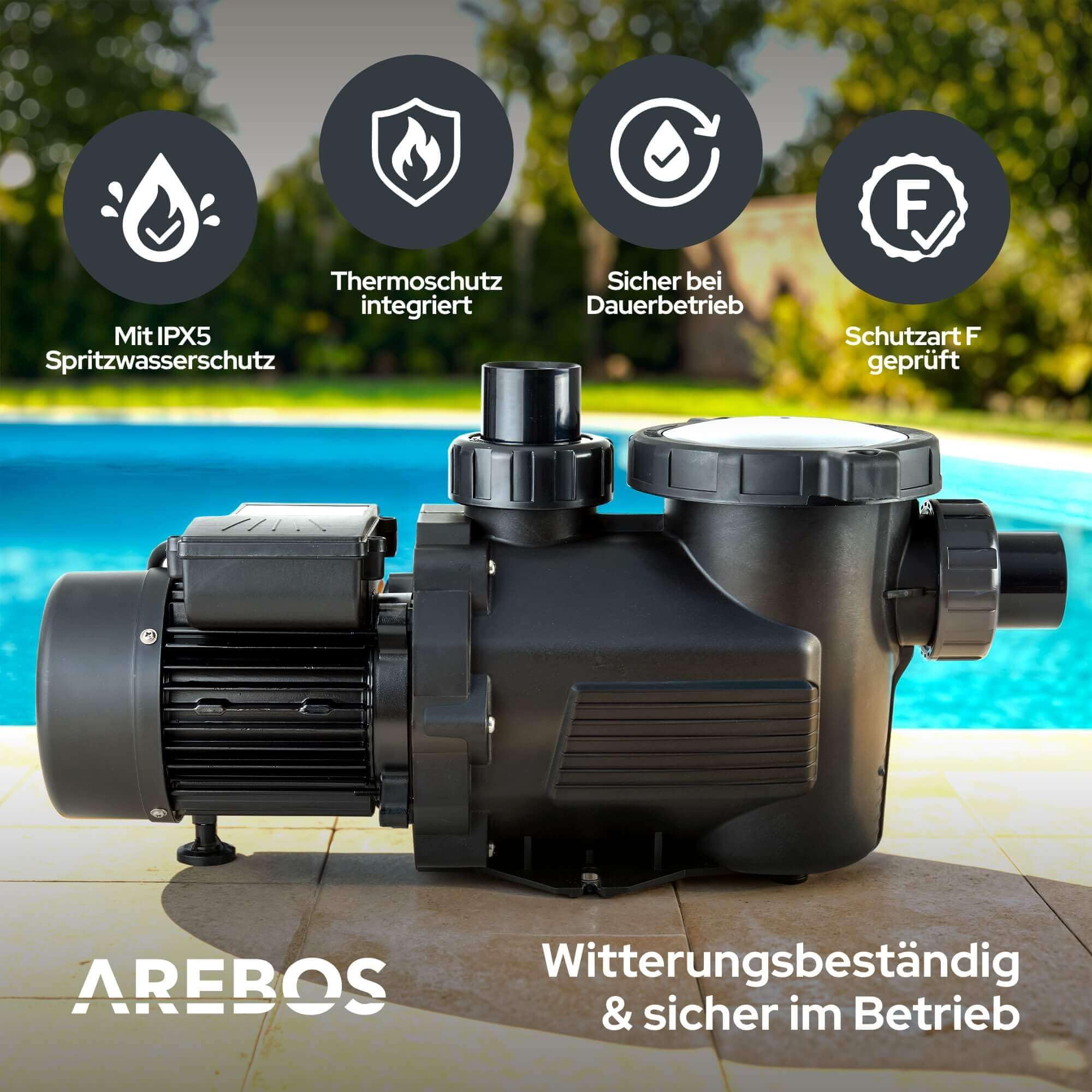 Arebos Schwimmbadpumpe 800W | Filterpumpe mit Vorfilter & 19000 l/h | Poolpumpe für Sandfilteranlage & Filtersystem | leistungsstark & energieeffizient | für Pool Garten & Swimmingpool