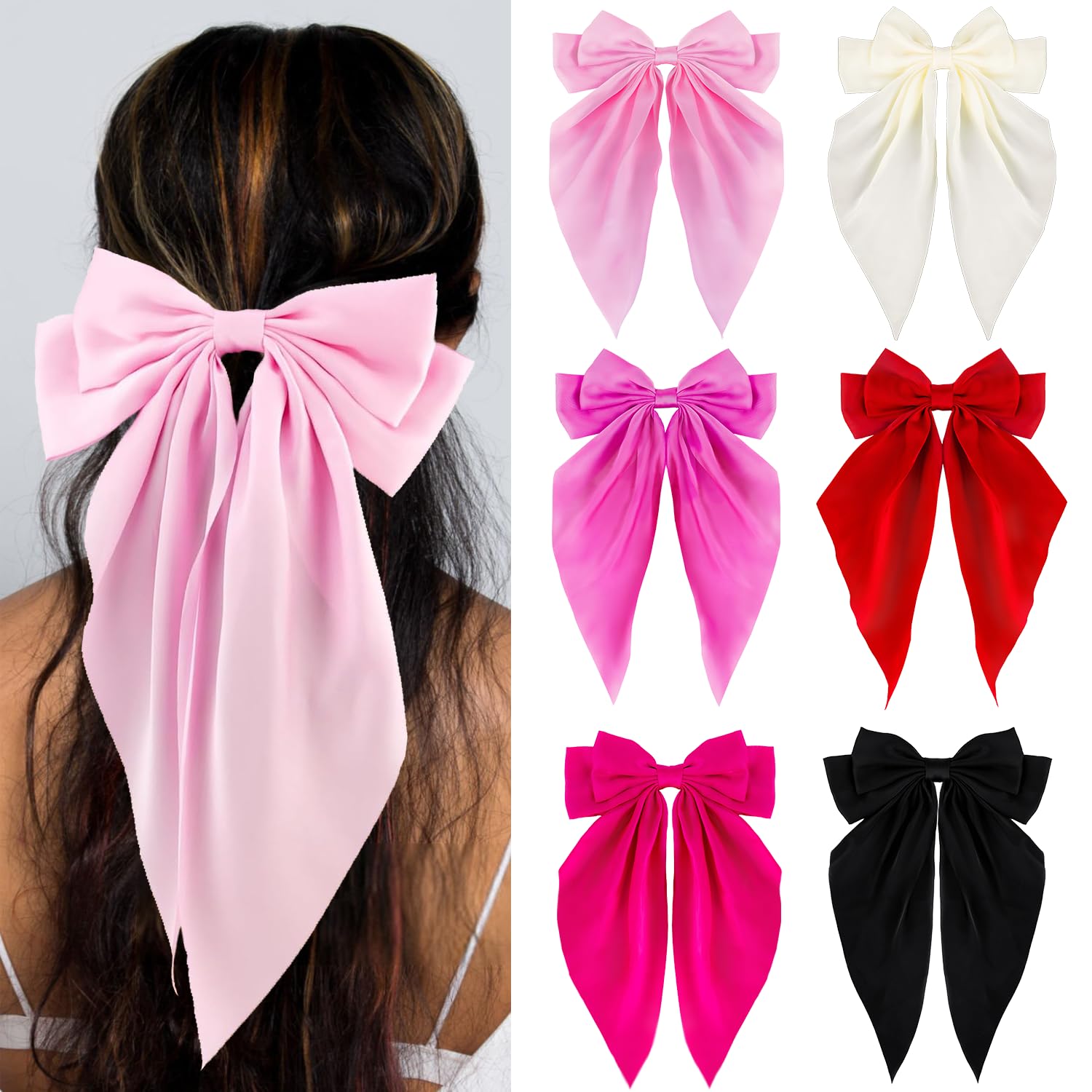Loqpol Silky Satin Hair Bows, Oversized Long Tail Bows with Barrette Clips, Coquette Hair Accessories for Women and Girls (Black-Red-Hot Pink-Pink-L.