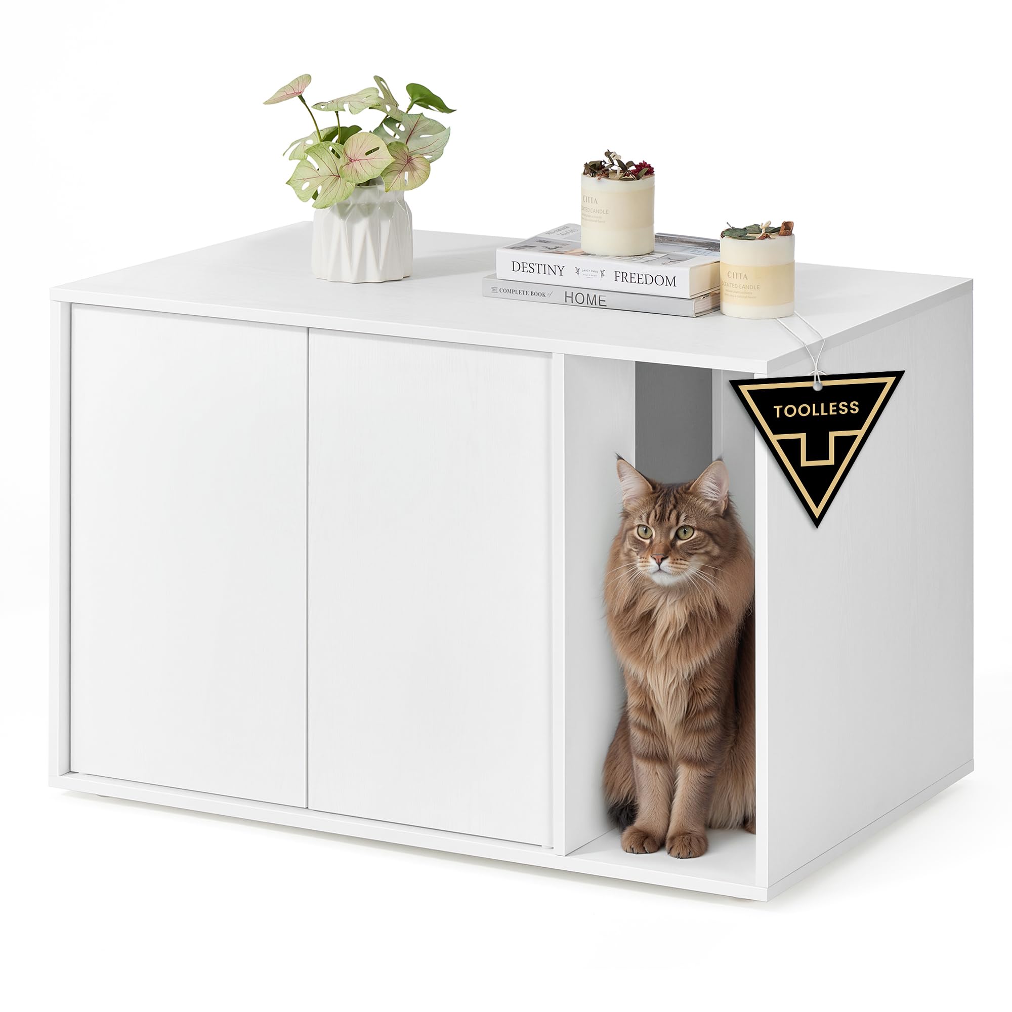 SONGMICS HOME 超高速工具なし組立 猫トイレ囲い猫ハウス 大型猫用 プッシュオープンドア ディスプレイサイドテーブル コーヒーテーブル ミニマリスト モダン 白雪姫 UPCL013W01