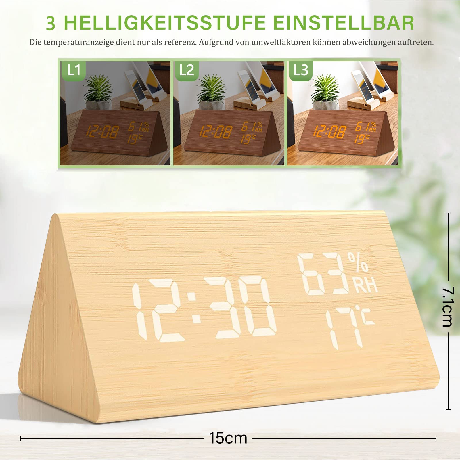 Réveil Numérique JALL Avec Capteur Température/humidité - Horloge LED Bois 3 Alarmes Réglables