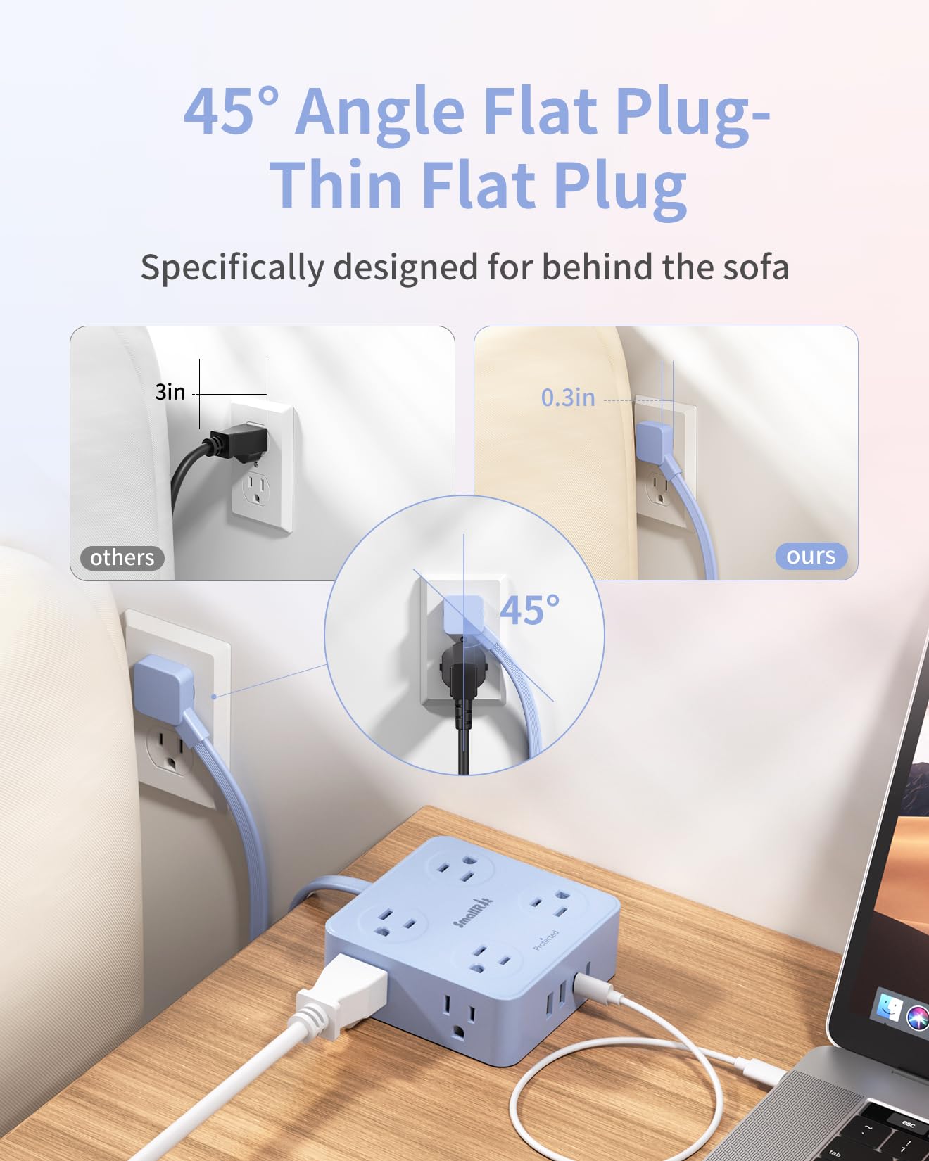 SMALLRT Elektrische Mehrfachkontakt-Steckdose, flach, mit Überspannungsschutz, 8 AC-Steckdosen, 4 USB-Ladegeräte (1 USB-C-Port), ultradünn, flache Steckdose (Blau, 1,98 m)
