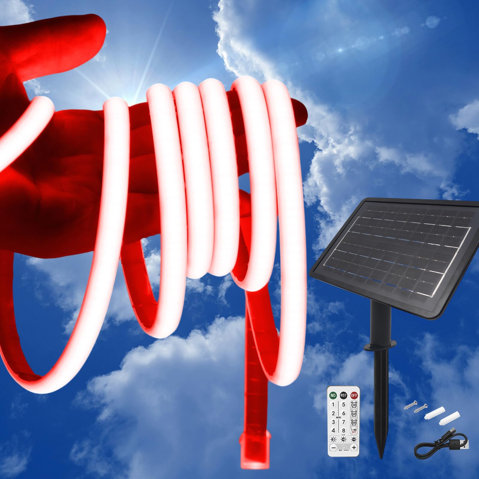KISUFU 24V Solar LED Strip Lights Outdoor, 320 LEDs/M IP68 Waterproof Cuttable Self-Adhesive Rope Light with 7200mah 8 Modes Battery Box Remote Control for Porch Gazebo Yard Trees Garden Decor.