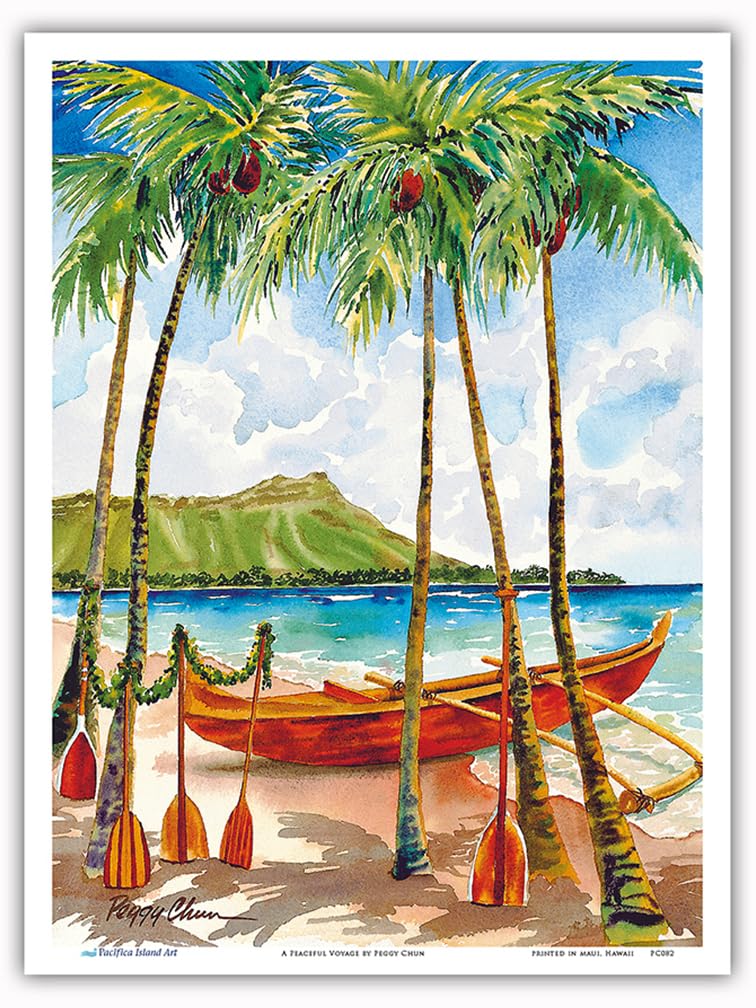 A Peaceful Voyage - Hawaiian Canoe (Wa‘a) - Diamond Head Crater - From an Original Watercolor Painting by Peggy Chun - Master Art Print (Unframed) 9in