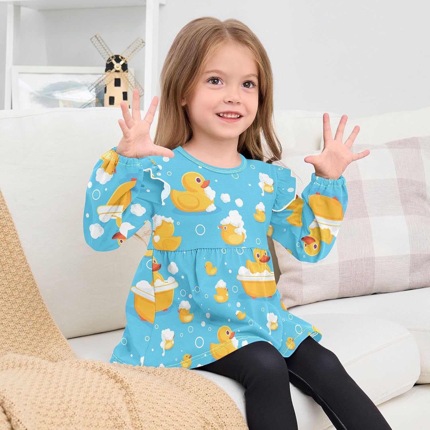 visesunny Toddler Clothes for Girls Duck Bubble Bath Pattern Long Sleeve Fall Shirts Cotton Top with Ruffle Collar