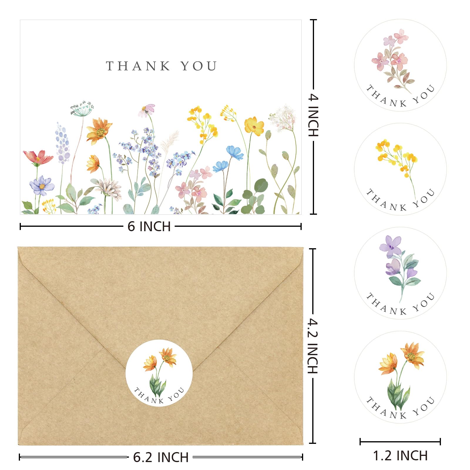 Paquete De 100 Tarjetas Agradecimiento Florales Con Sobres, Notas Flores Silvestres En Acuarela Sobres Papel Kraft Para Cumpleaños, Boda, Shower, Despedida, Baby
