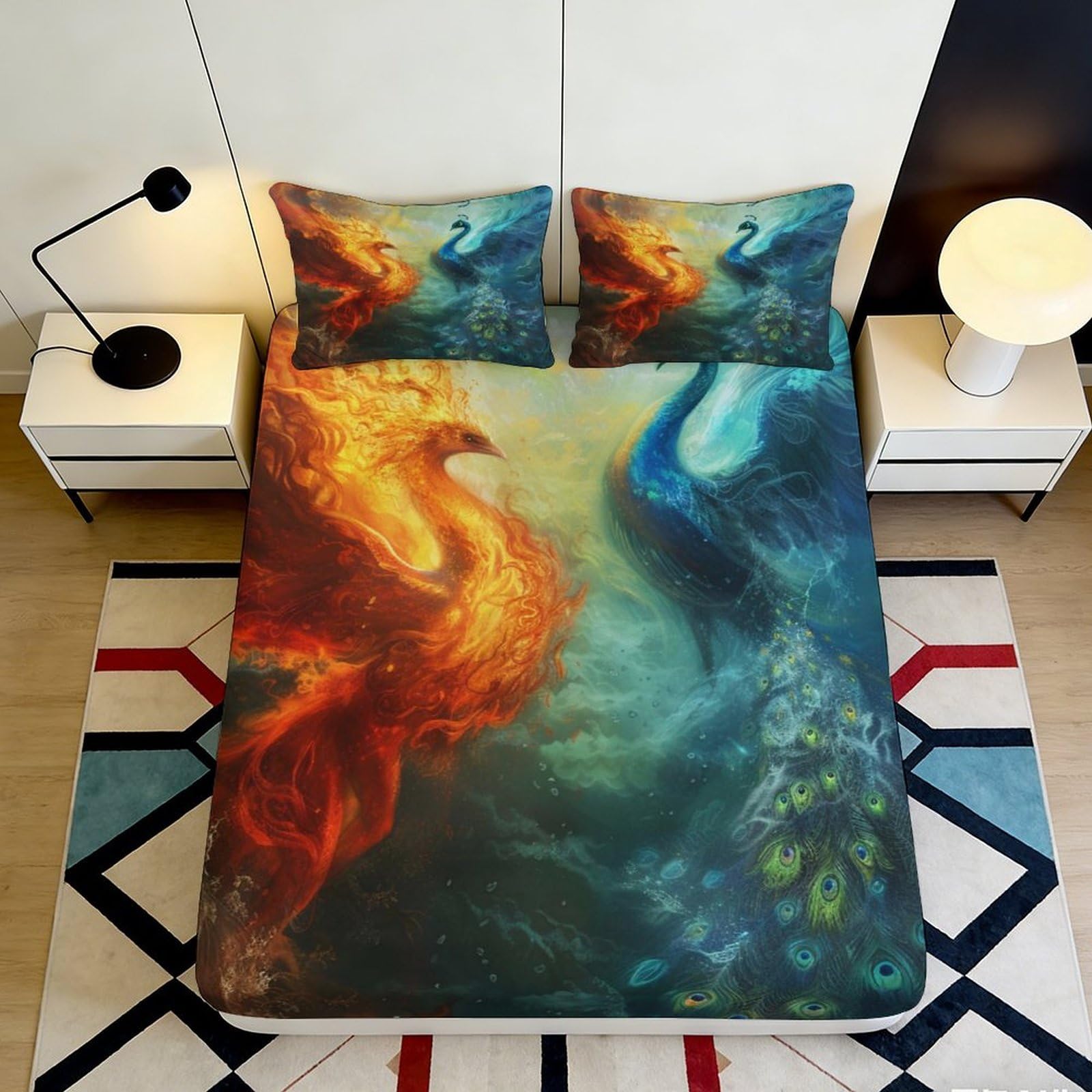 3D Printed Phoenix Fire Fitted Sheet Microfiber Soft Breathable Peacock Blue Mattress Cover for Bedroom Dorm Decor 160x200x25cm