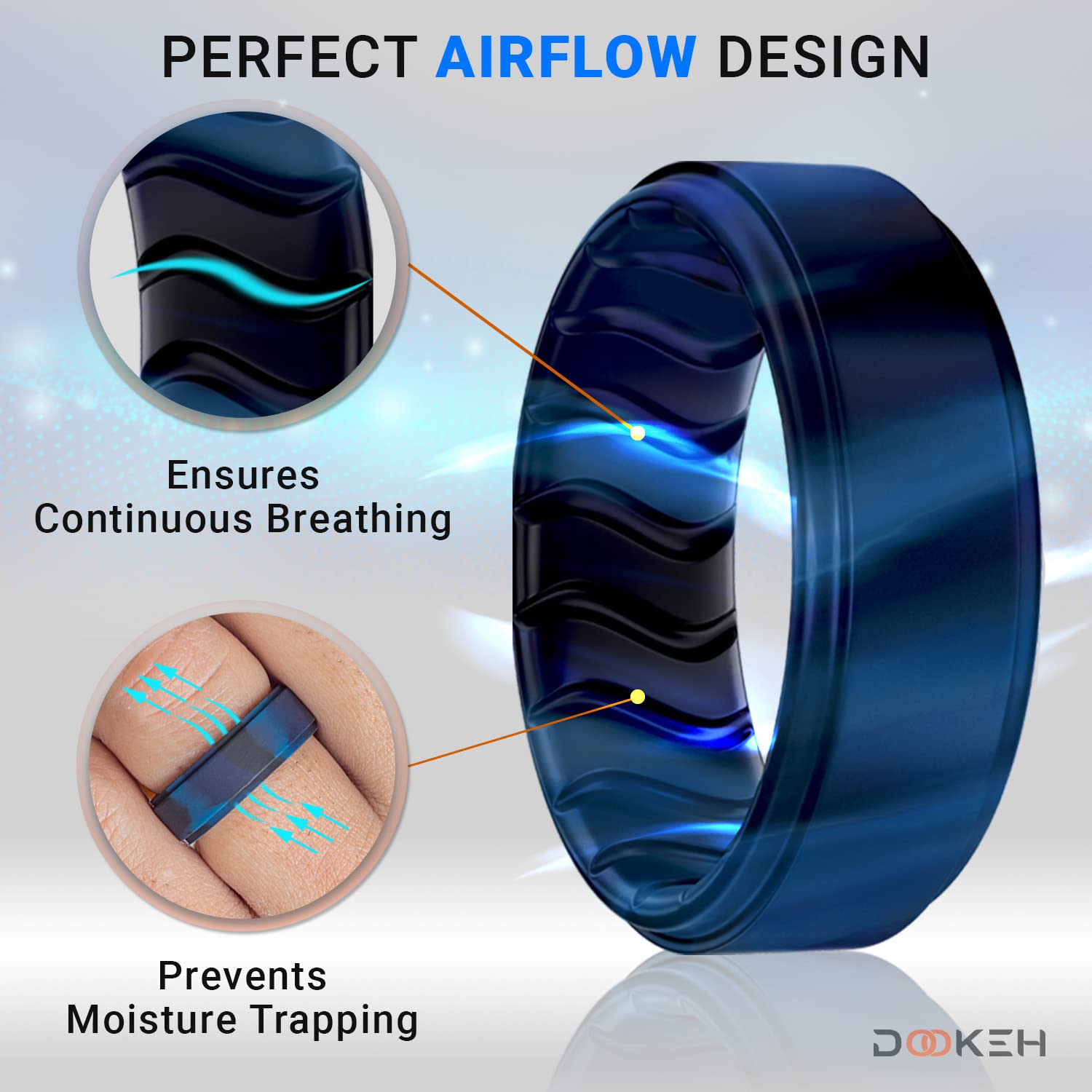 Anillo de silicona, banda para hombre, negro, azul, diseño de onda transpirable 2