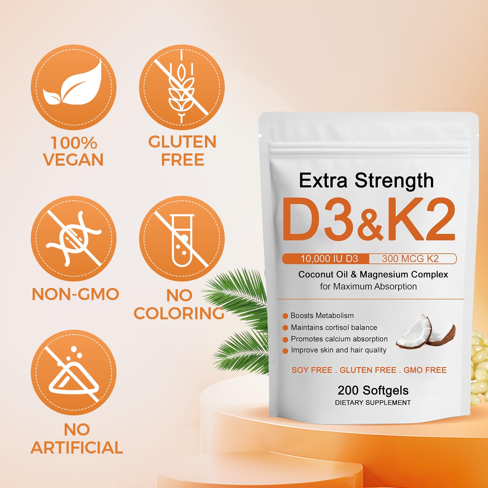 D3 K2 Vitamin 10000 IU, Extra Strength Wellness D3K2 with Triple Magnesium & Coconut Oil for Maximum Absorption, Support Bone & Immune Health, Non-GMO,Easy to Swallow, 200 Softgels — Amazon image 6