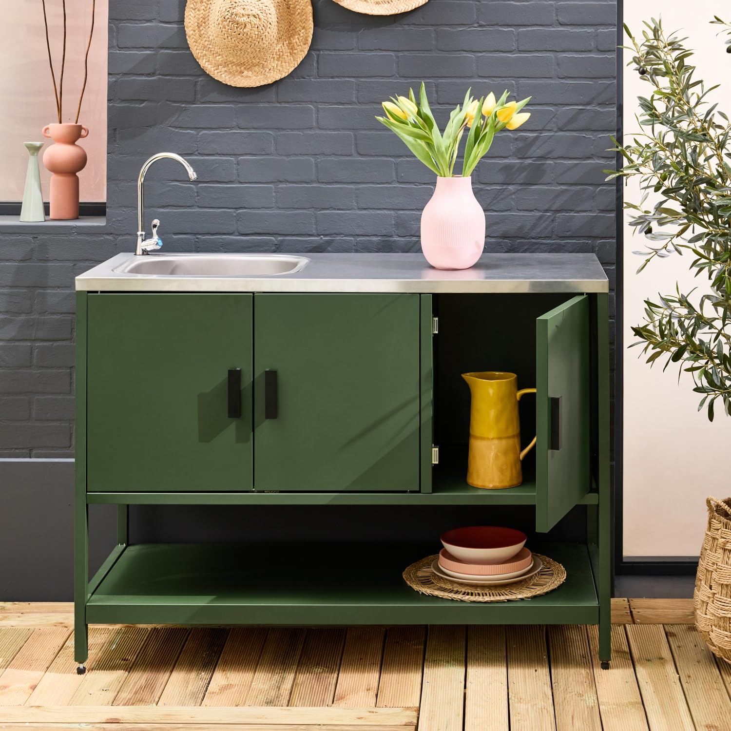Cucina da esterno modulare in acciaio con lavandino, 120cm, Naxos, Verde, 120x51x112.5 cm