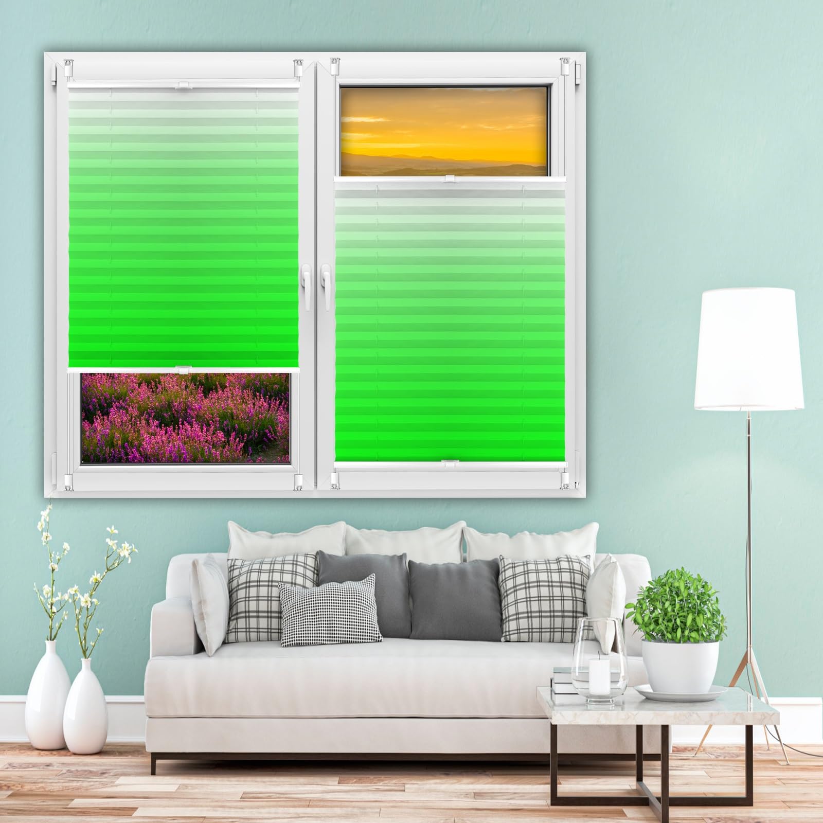 Stick On Blinds for Windows 55 x 90 cm Block-Out Pleated Blind, Fabric Blind Light, Temporary Blinds Quick and Easy Assembly for Bedroom, Kitchen, Bathroom, Green