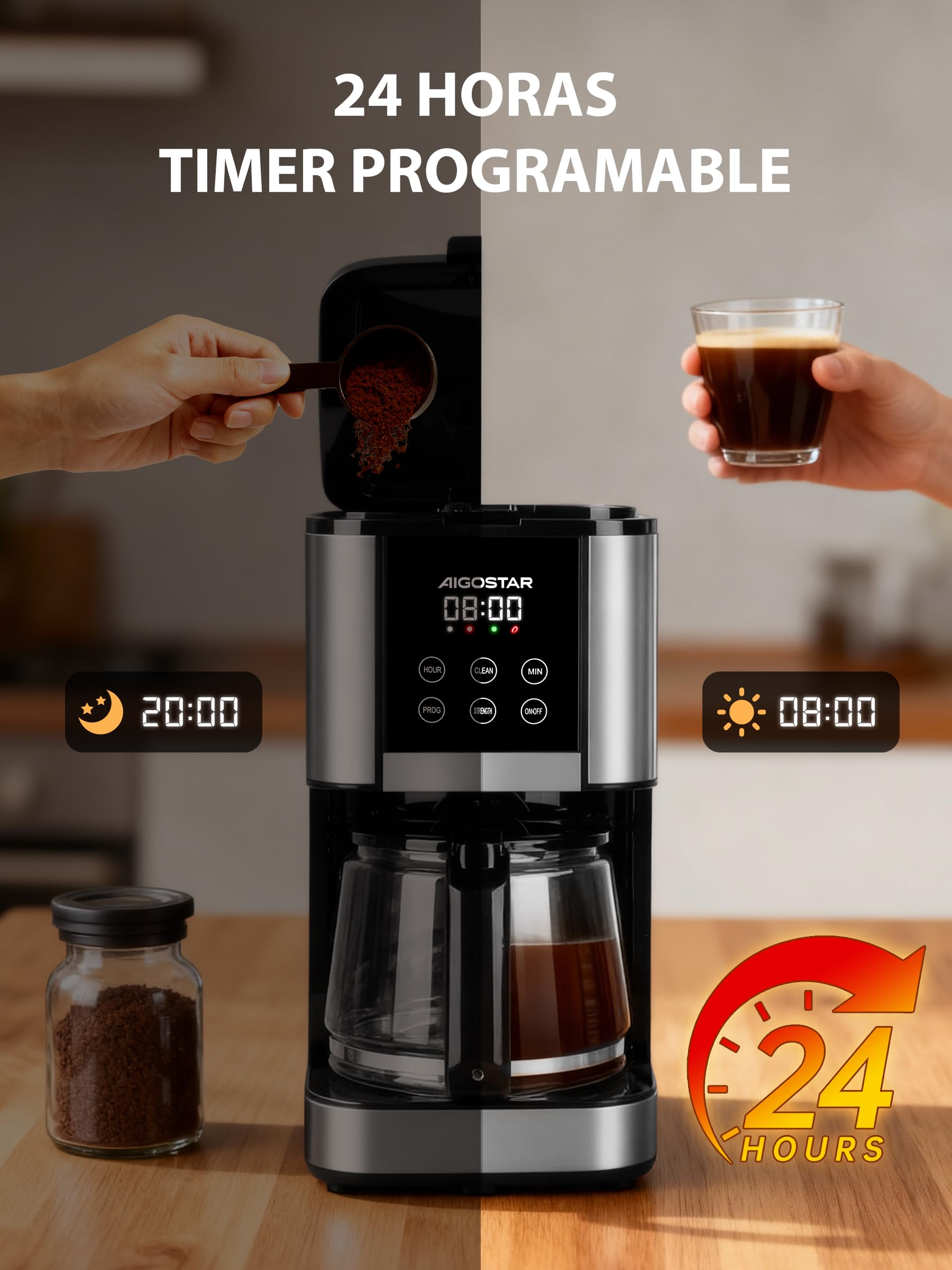 Aigostar Cafetera de Goteo Filtro Programable 24h 1,5L 12 Tazas Acero Inoxidable 1000W Pantalla LCD Ajuste de Intensidad Antigoteo Limpieza Automática Mantenimiento de Calor Negro-Cora